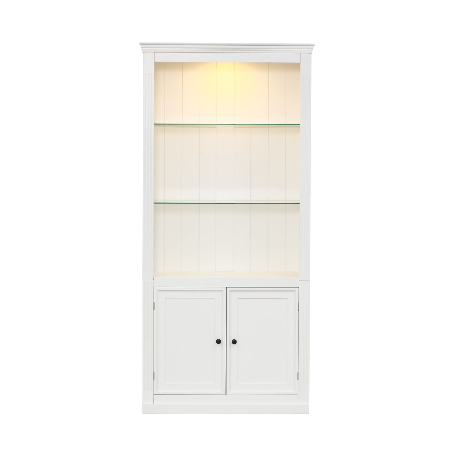 Retro Style Display Bookcase With Adjustable LED Ceiling Light And Tempered Glass Shelves - White Hearth and Haven