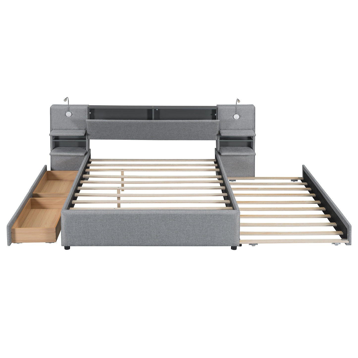 Upholstered Platform Bed With Reading Lights, Drawers, Trundle And Shelves Halcyon Home