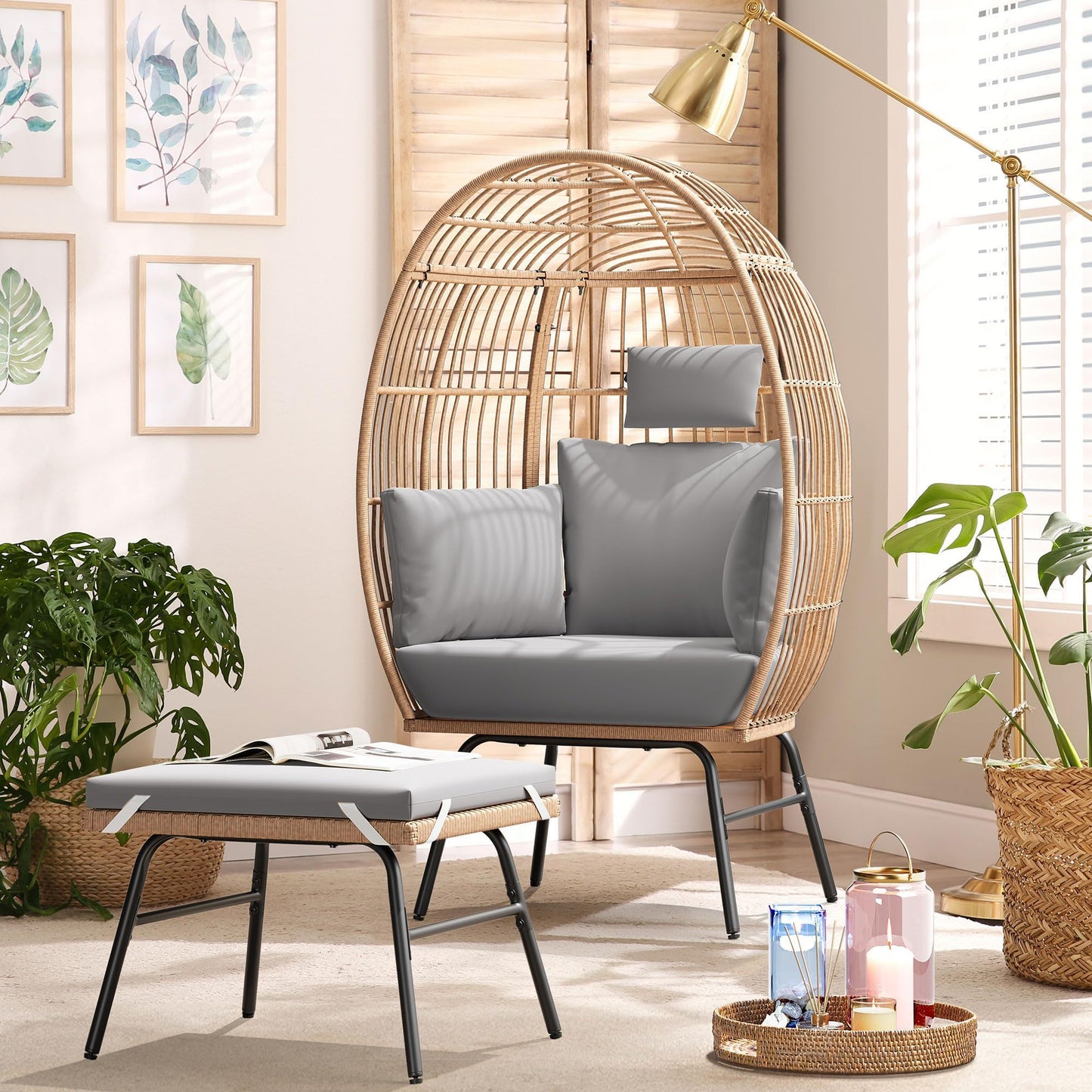 Outdoor Garden Wicker Egg Chair And Footstool Patio Chaise, With Cushions, Outdoor Indoor Basket Chair Home Essentials