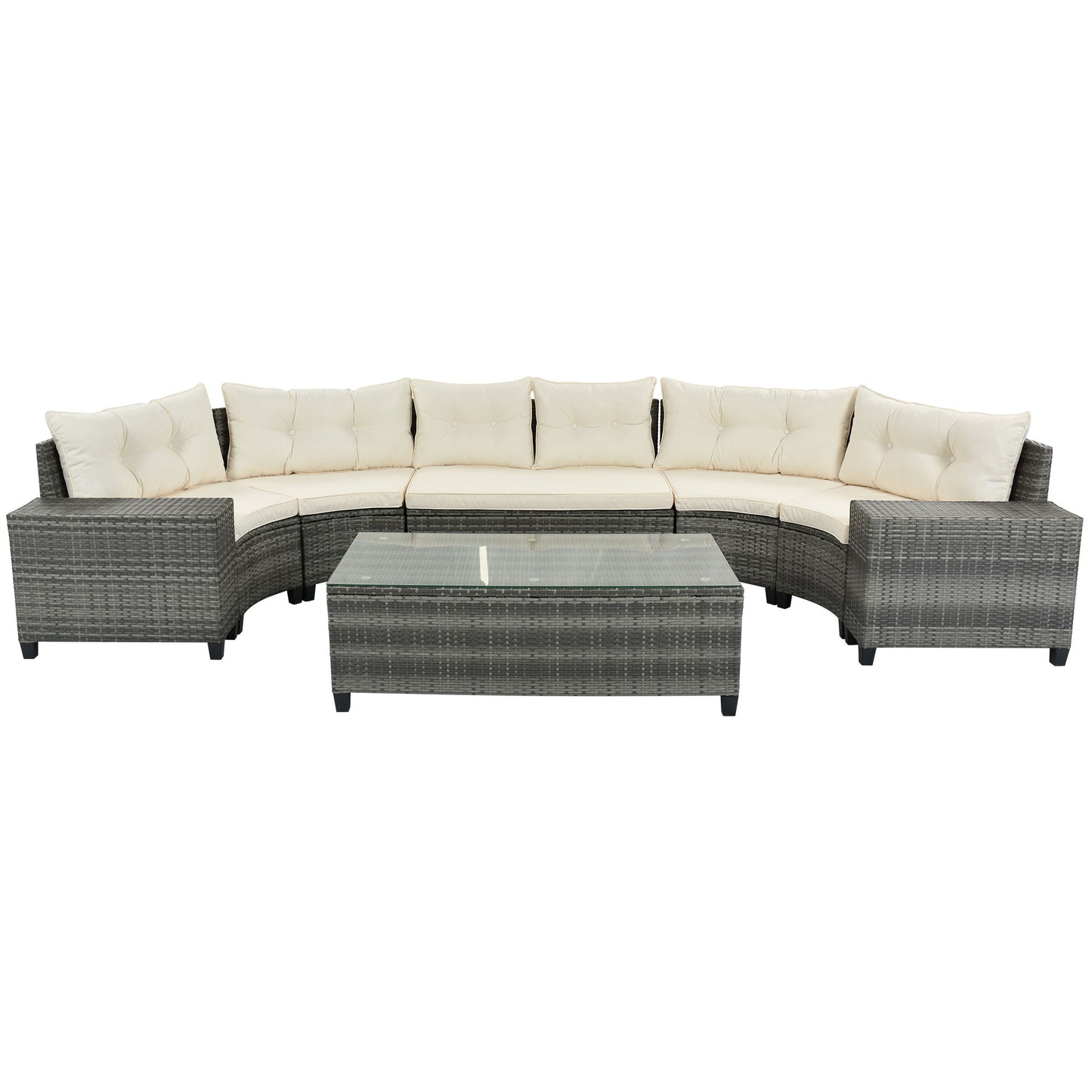8 Pieces Outdoor Wicker Round Sofa Set, Half-Moon Sectional Sets All Weather, Curved Sofa Set With Rectangular Coffee Table, PE Rattan Water-Resistant And UV Protected, Movable Cushion Hearth and Haven