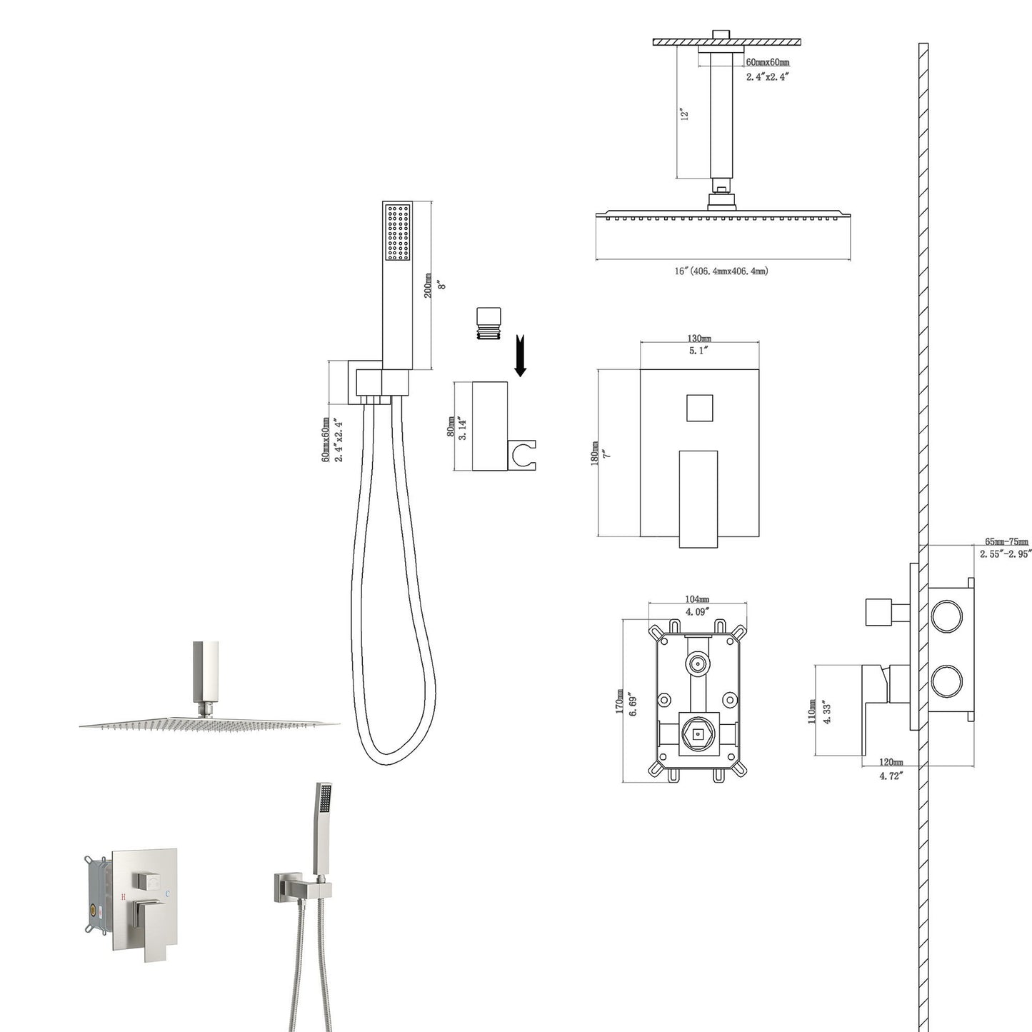 Dual Shower Head 16" Ceiling Mount Square Shower System With Rough In Valve Daily Nest