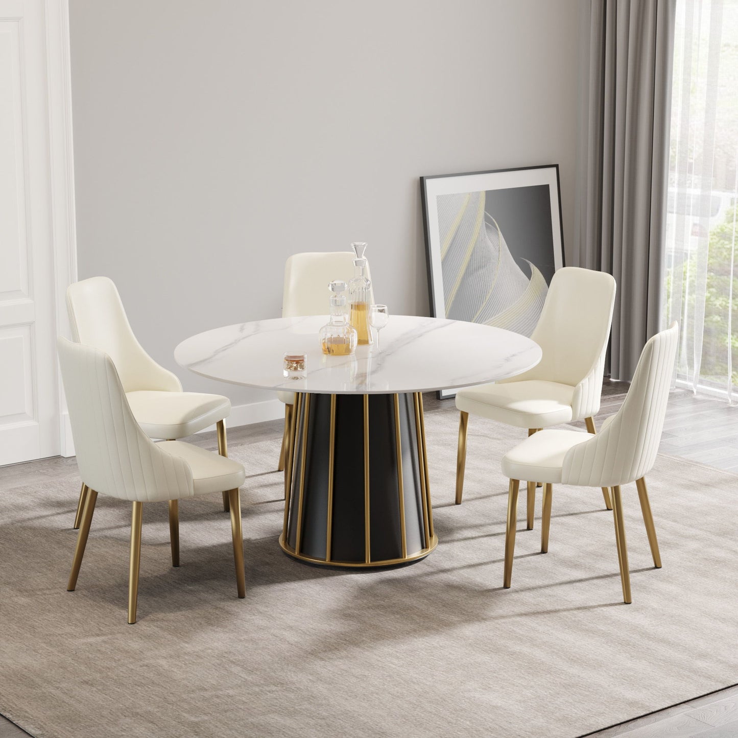 53.15" Modern Artificial Stone Round Panel Metal Iron Base Dining Table, Can Accommodate 6 People, (Not Including Chairs) - White / Black Home Essentials