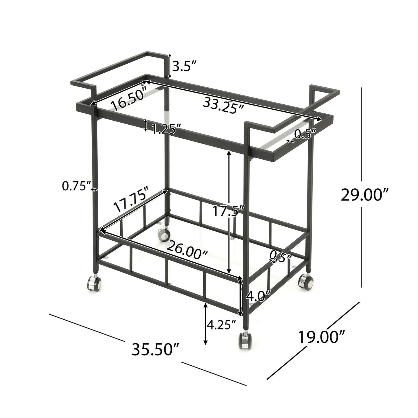 2 Tier Bar Cart, Utility Cart, Rolling Serving Cart, Kitchen Cart With Storage Shelves - Black Noble House