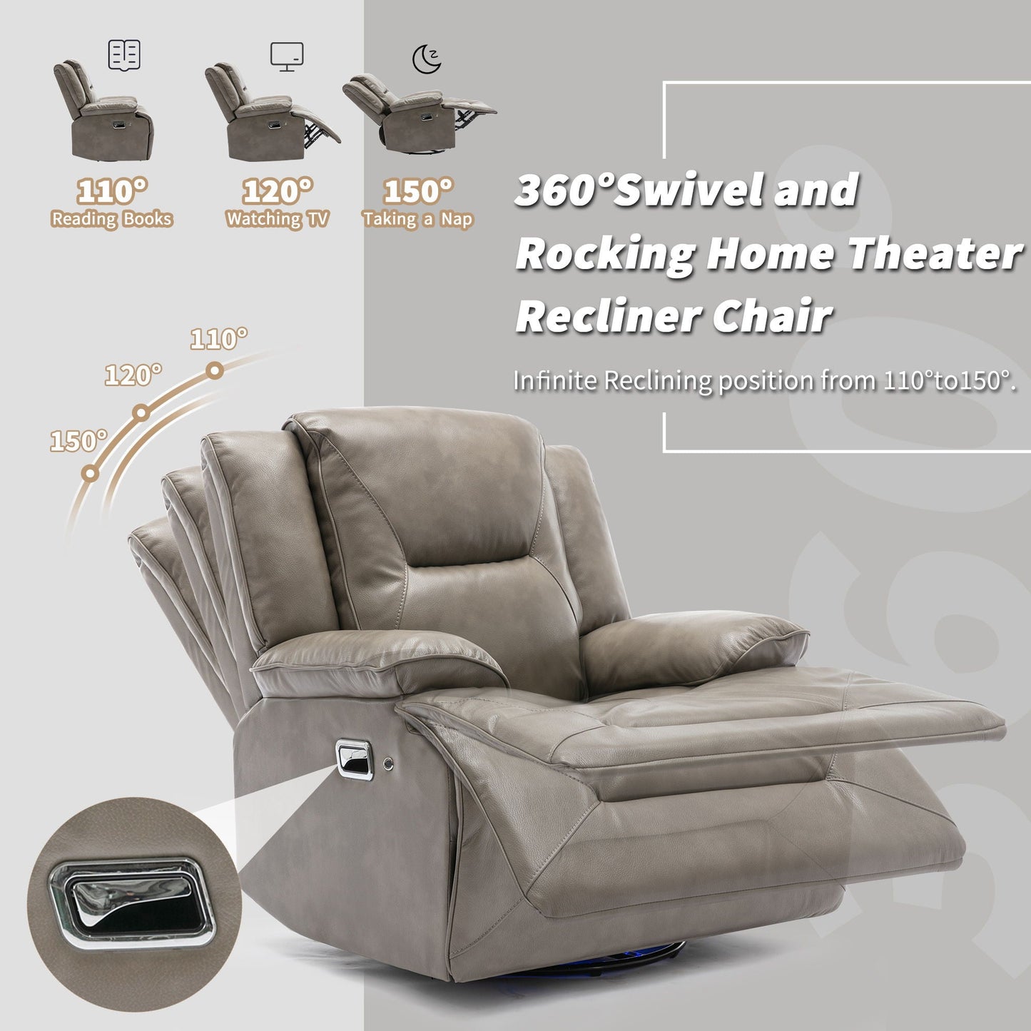 360° Swivel And Rocking Home Theater Recliner Manual Recliner Chair With A LED Light Strip For Living Room Hearth and Haven