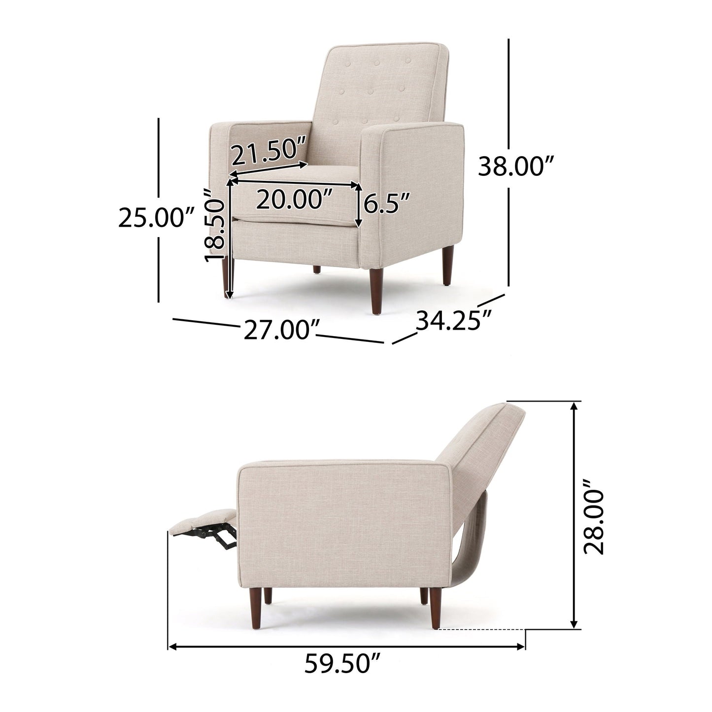 Mid-Century Modern Recliner With Button Tufted Waffle Stitch Noble House