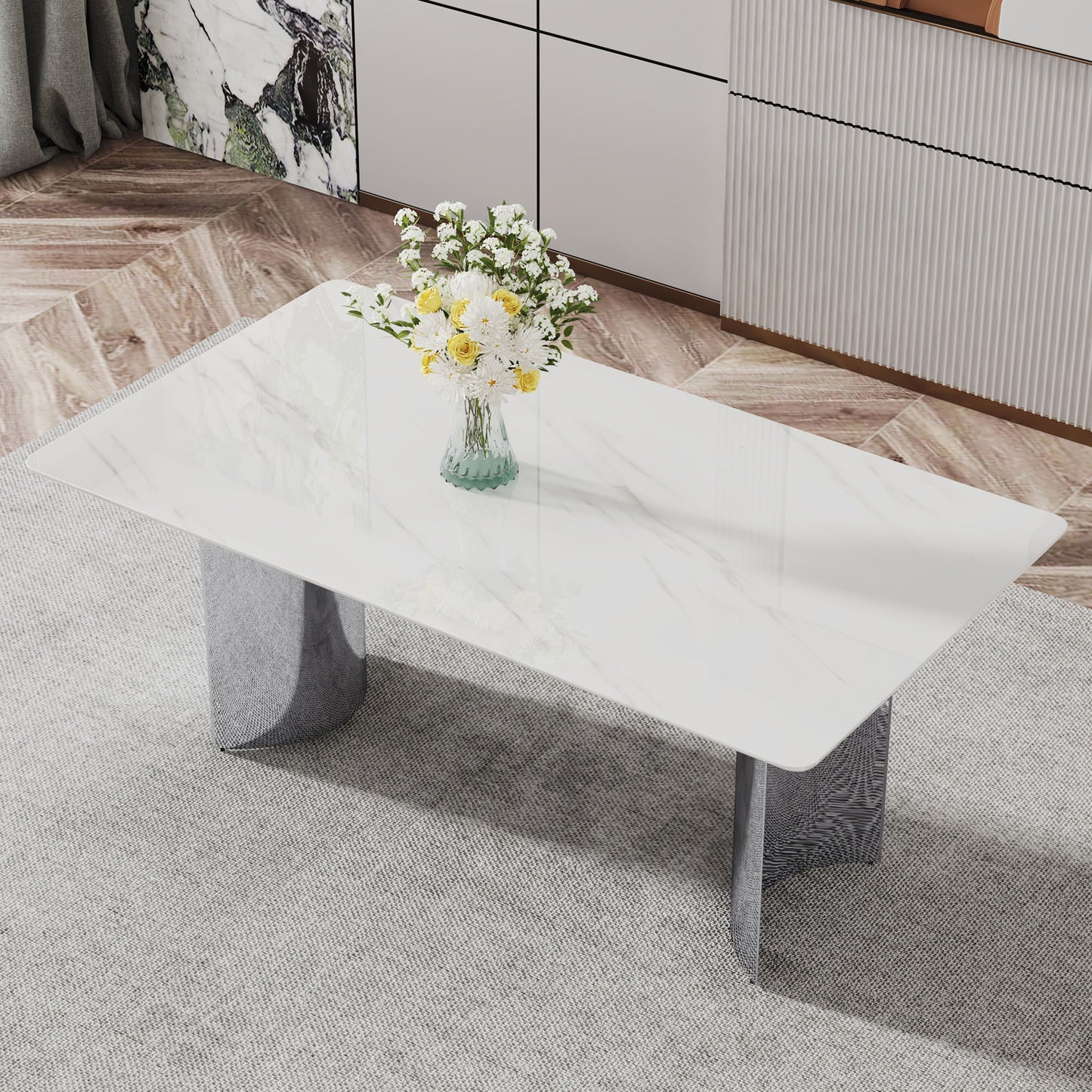 Modern Minimalist Dining Table With Imitation Marble Glass Desktop And Metal Legs Home Essentials