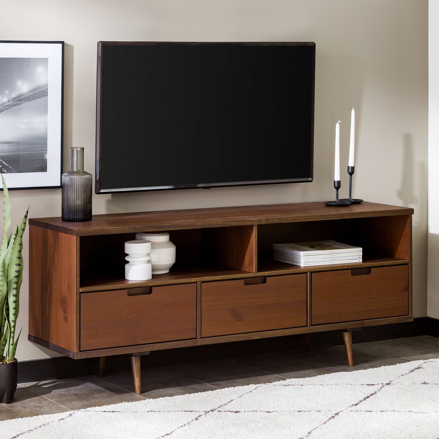 Mid-Century Modern Minimalist 3 Drawer Corner TV Stand For TVs Up To 58 Walker Edison