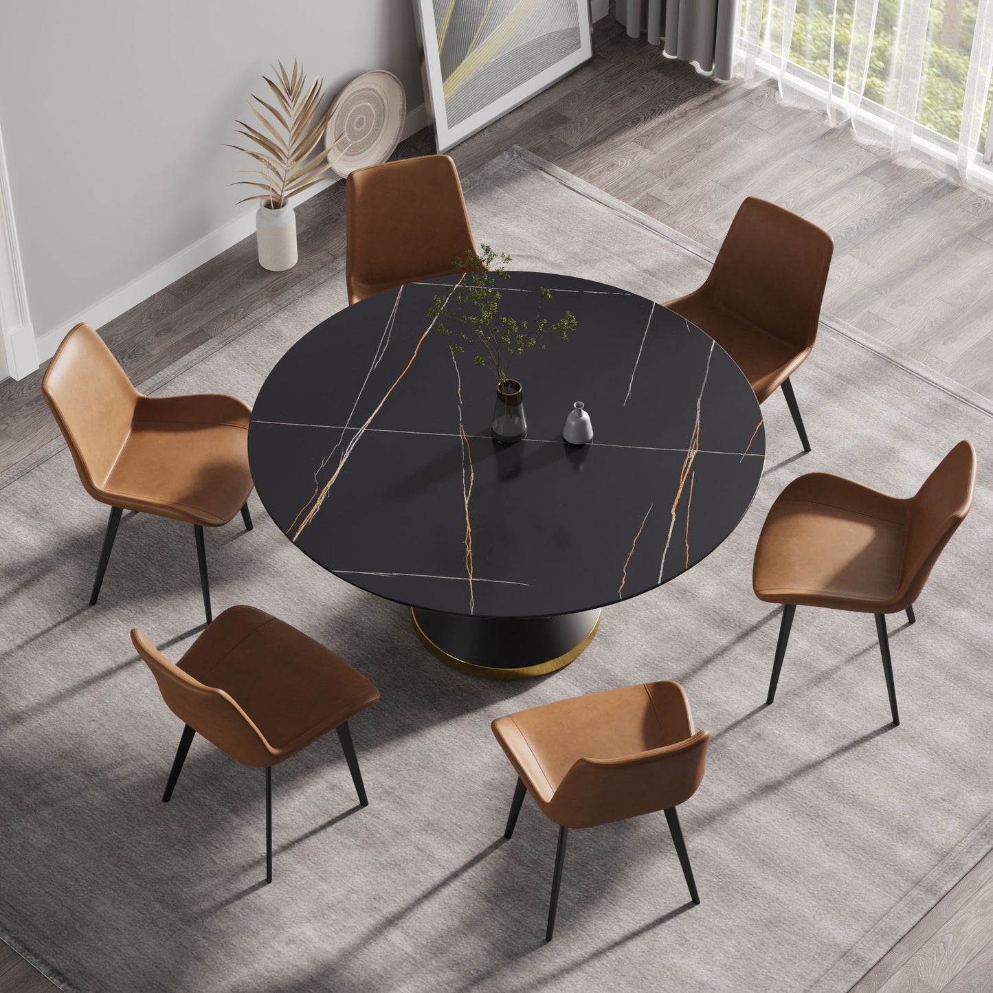 59.05" Modern Artificial Stone Round Black Carbon Steel Base Dining Table, Can Accommodate 6 People - Black Home Essentials