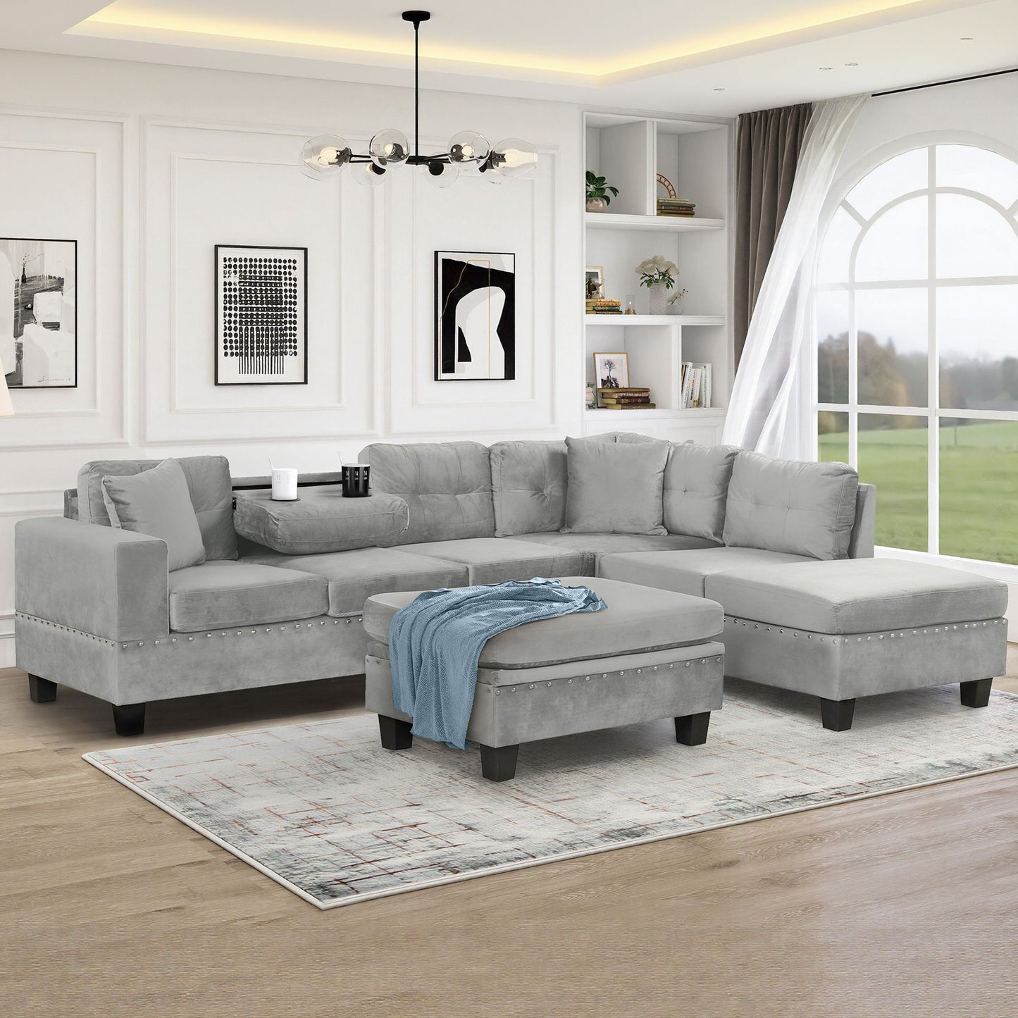 Modern Sectional Sofa With Storage Ottoman, L - Shape Couch With 2 Pillows And Cup Holders - Snoozhouse