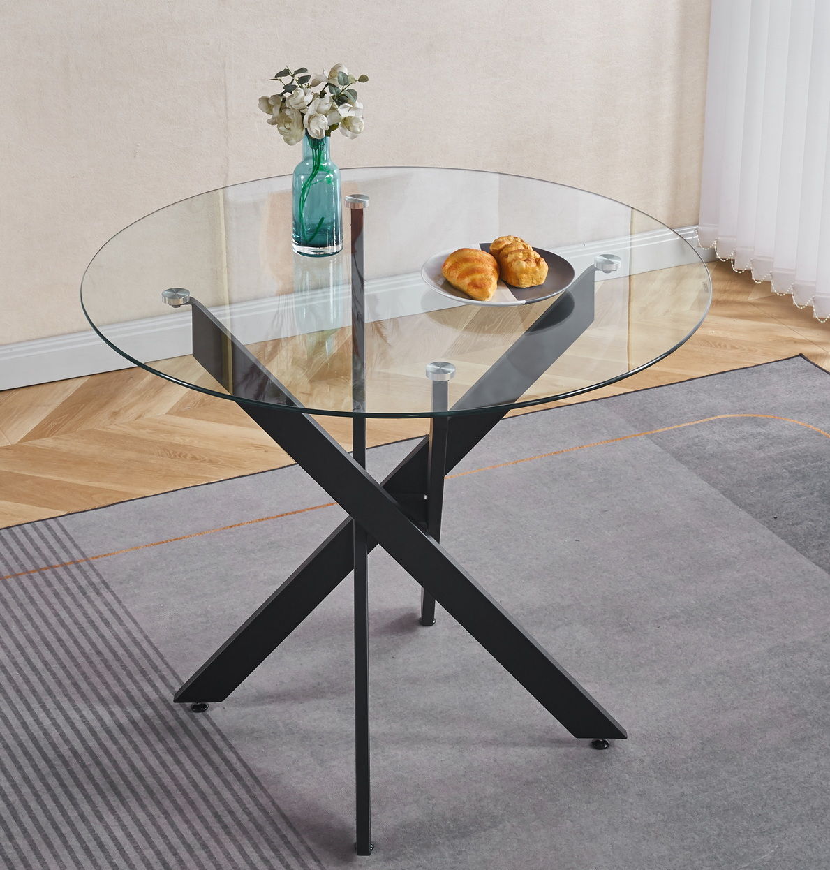 Dining Table With Cross Metal Leg And Tempered Glass, Modern Space Saving Kitchen Table For Living Room Home Essentials
