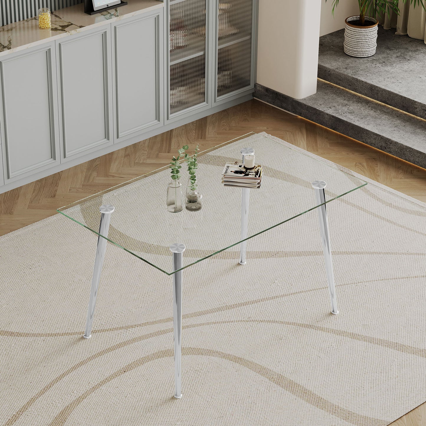 Thick Tempered Glass Top Dining Table & Stainless Steel Legs - Silver Home Essentials