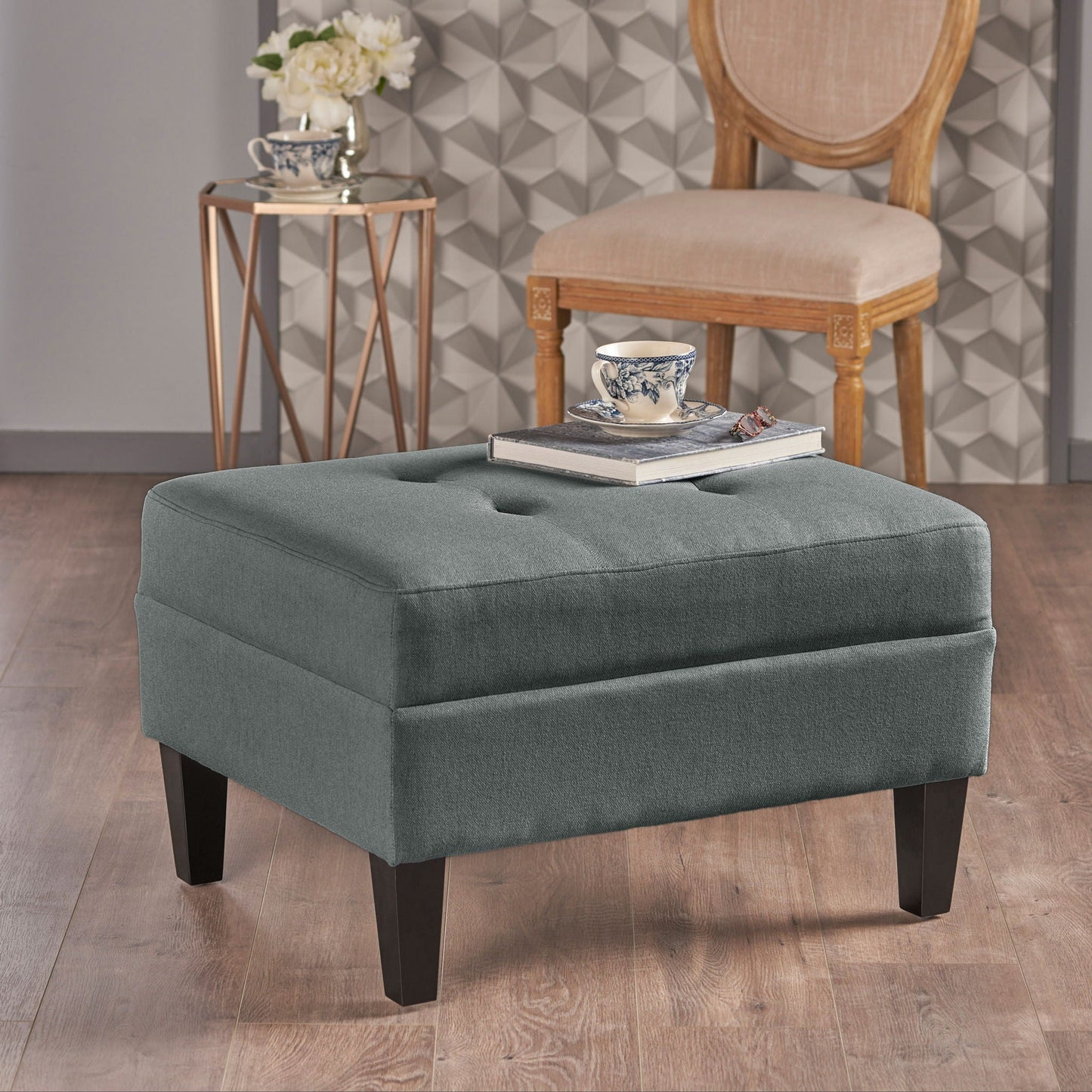 Classic Fabric Ottoman With Birch Wood Legs And High Quality Foam Padding - Charcoal Noble House