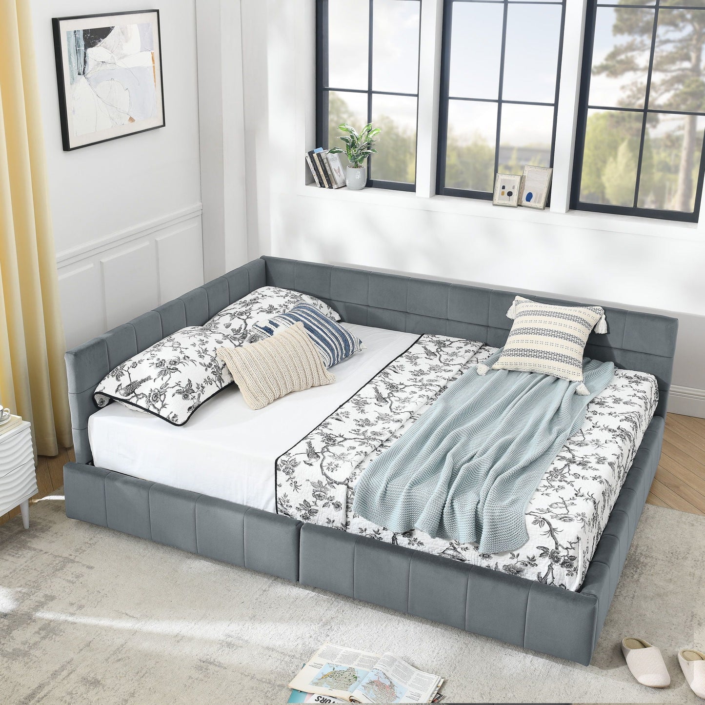 Mid-Century Storage Upholstered Tufted Bed Frame With Backrest And Armrests Home Essentials