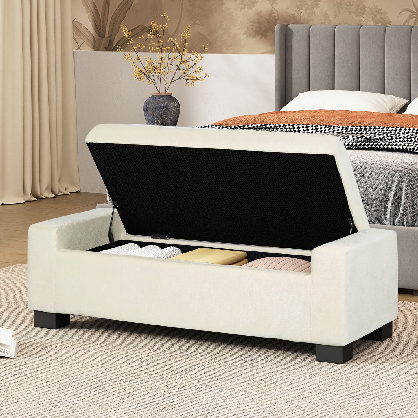Textured Fabric Ottoman Bench With Hinged Lid Noble House