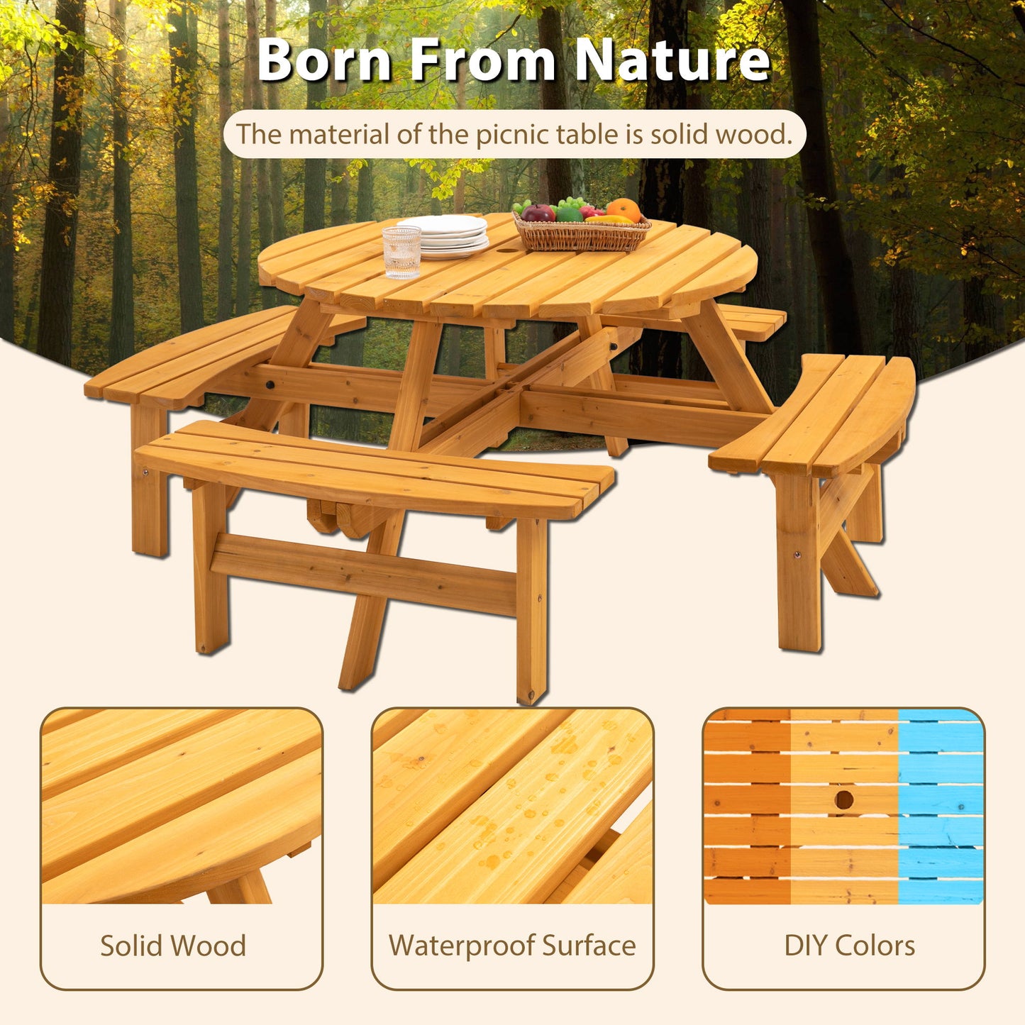 8 Person Wooden Picnic Table, Outdoor Camping Dining Table With Seat, Garden, Diy With 4 Built-In Benches, 2220Lb Capacity Home Essentials