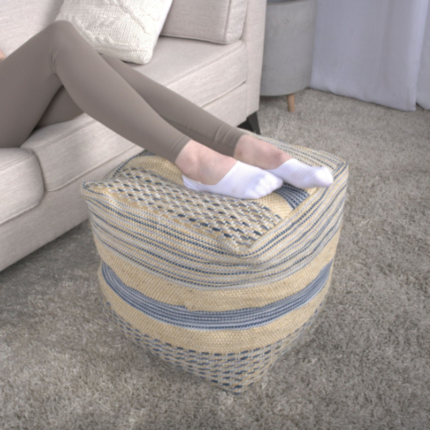 Western - Handcrafted Fabric Pouf, Durable - Natural / Blue Home Essentials