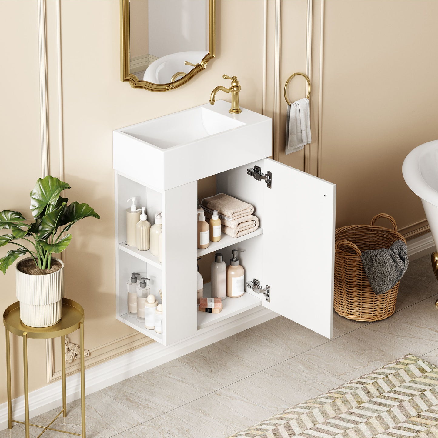 Floating Bathroom Vanity With Resin Basin, Left Side Storage - White Hearth and Haven