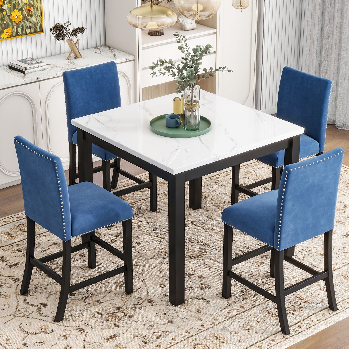 5-Piece Counter Height Dining Table Set With One Faux Marble Top Dining Table And Four Velvet Upholstered Chairs Home Essentials