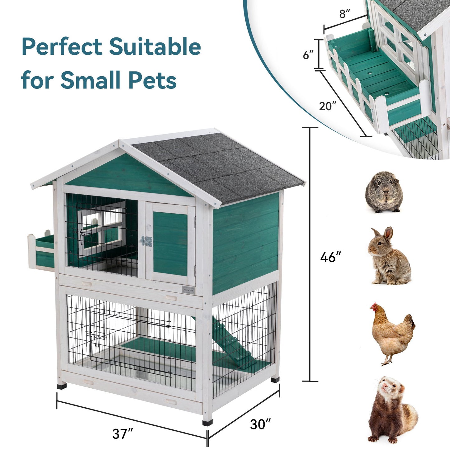 2 Story Wooden Rabbit Hutch Outdoor Indoor Bunny Cage Pull Out Tray, Waterproof Roof - Green Daily Nest