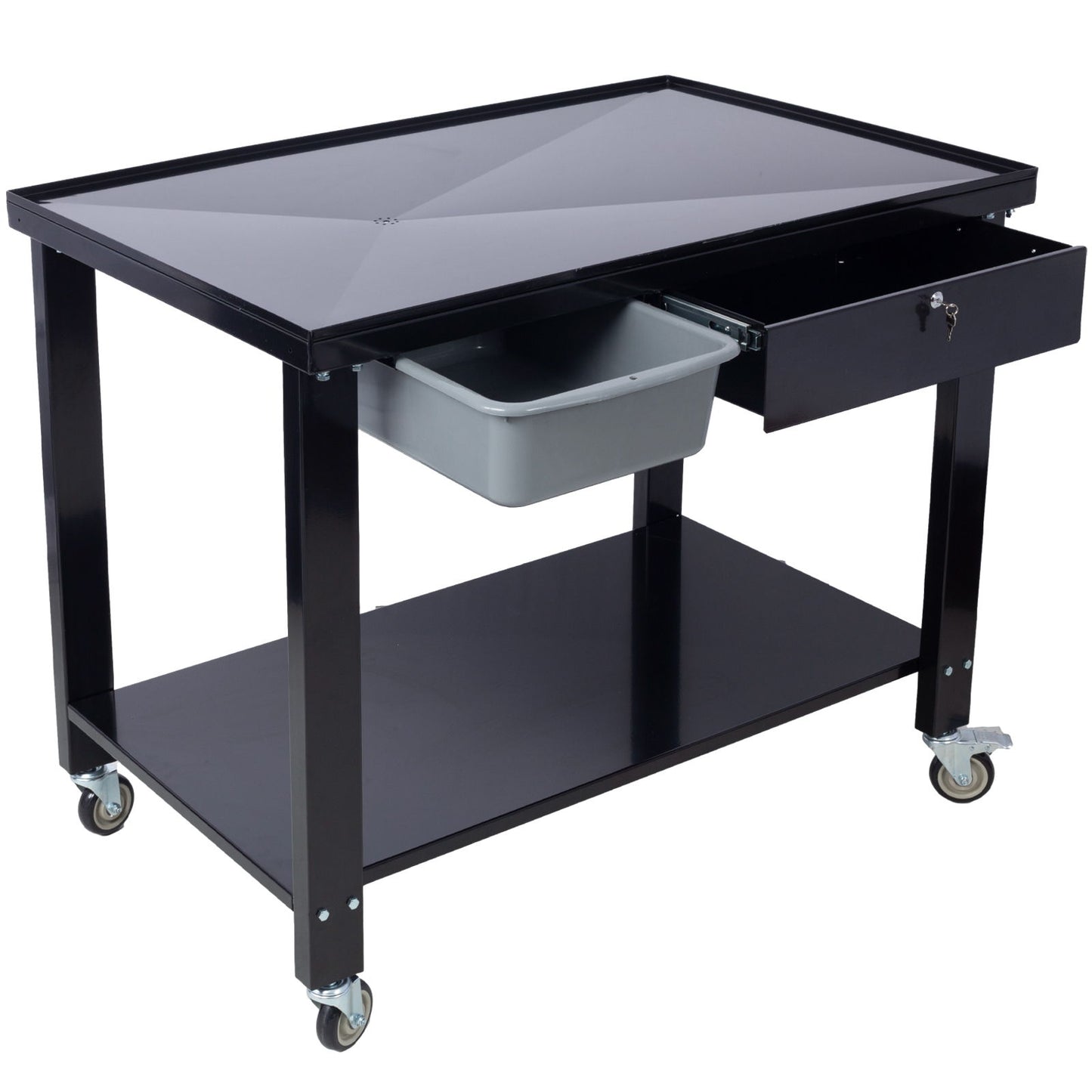 Transmission Teardown Work Station 1 / 2 Ton Capacity Sloping Drain Table Locking Drawer Removable Drain Basin Full-Width Lower Shelf Four 4" Caster Wheels Daily Nest