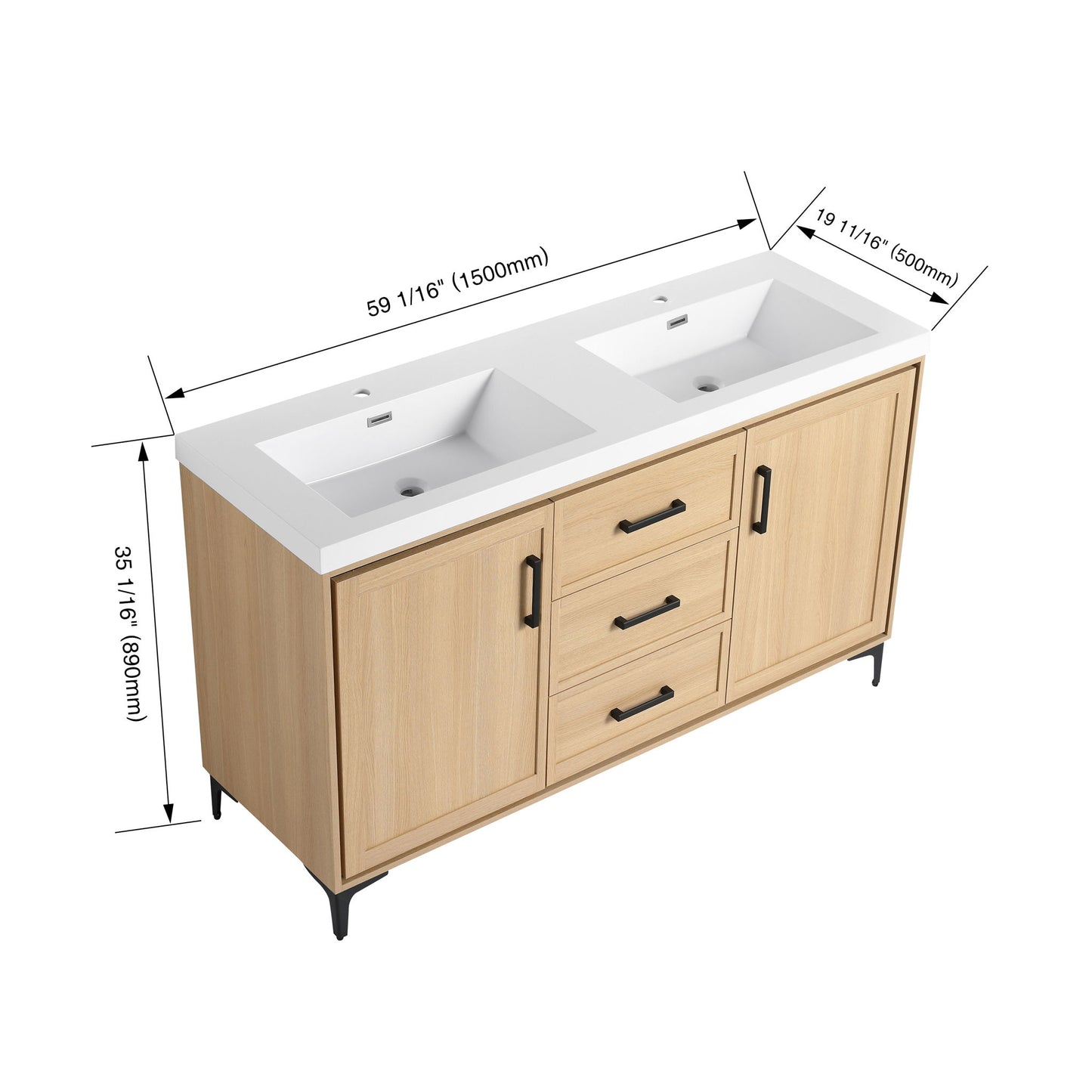 Original 60" Freestanding Bathroom Vanity With Double Resin Sink Plywood Soft Closing Doors & Drawers - Oak Home Essentials