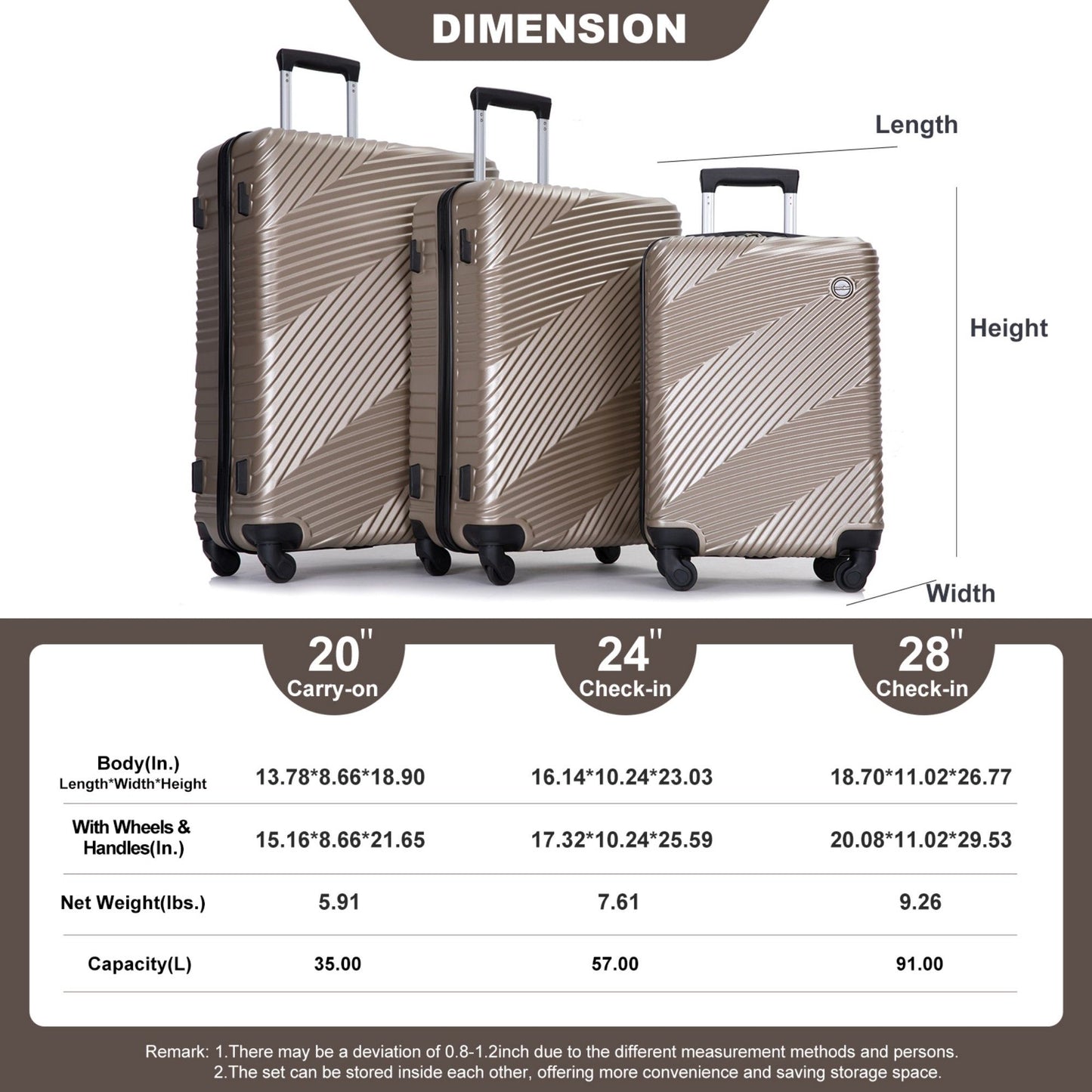 3 Piece Luggage Sets Lightweight Suitcase With Two Hooks, Spinner Wheels, Daily Nest