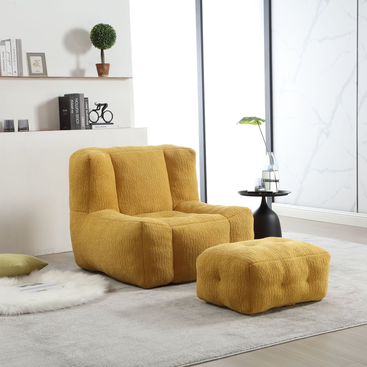 Modern Indoor Fluffy Bean Bag Chair With Memory Foam And Ottoman, Super Soft Home Essentials