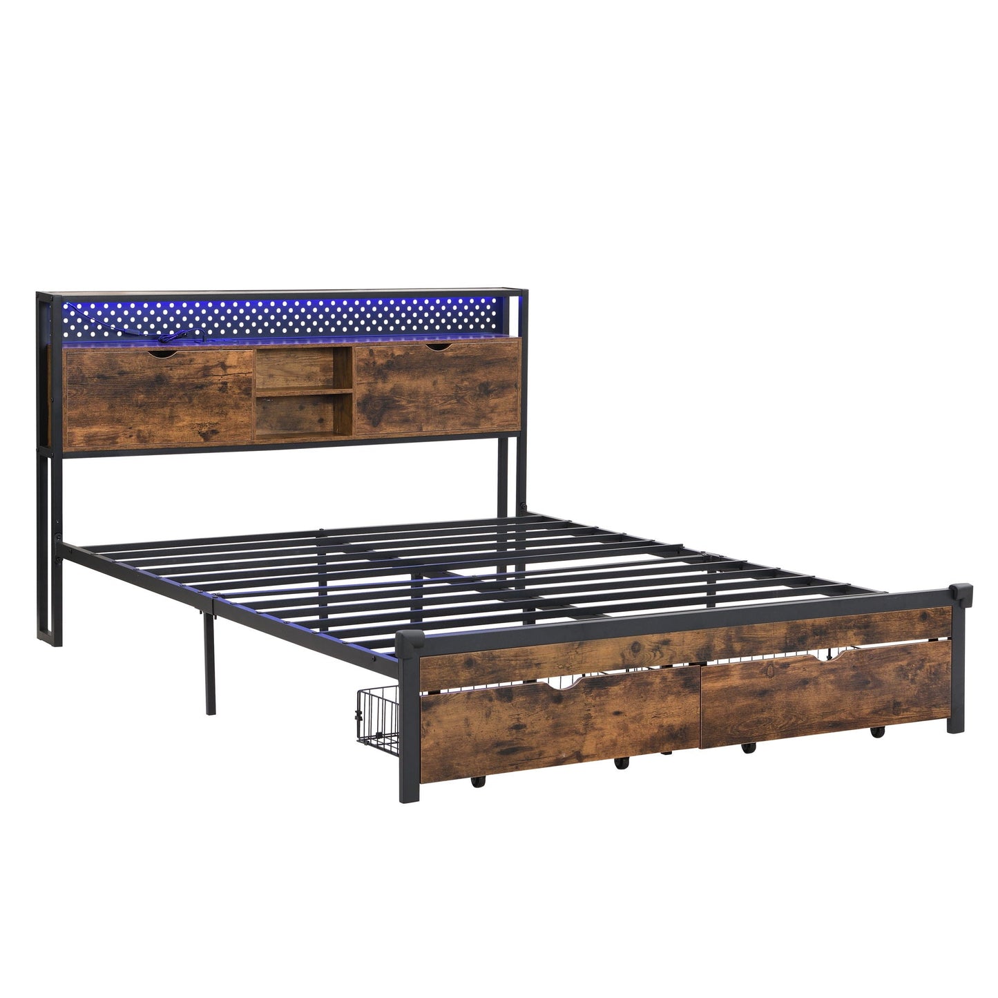 Modern Platform Bed, USB Charging Station, 2 Drawers, LED Lights Home Essentials