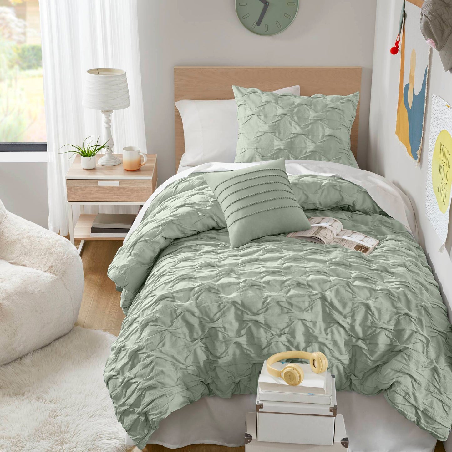 Bailey - Twin/Twin Long Diamond Pucker Comforter Set - Green Super Listing