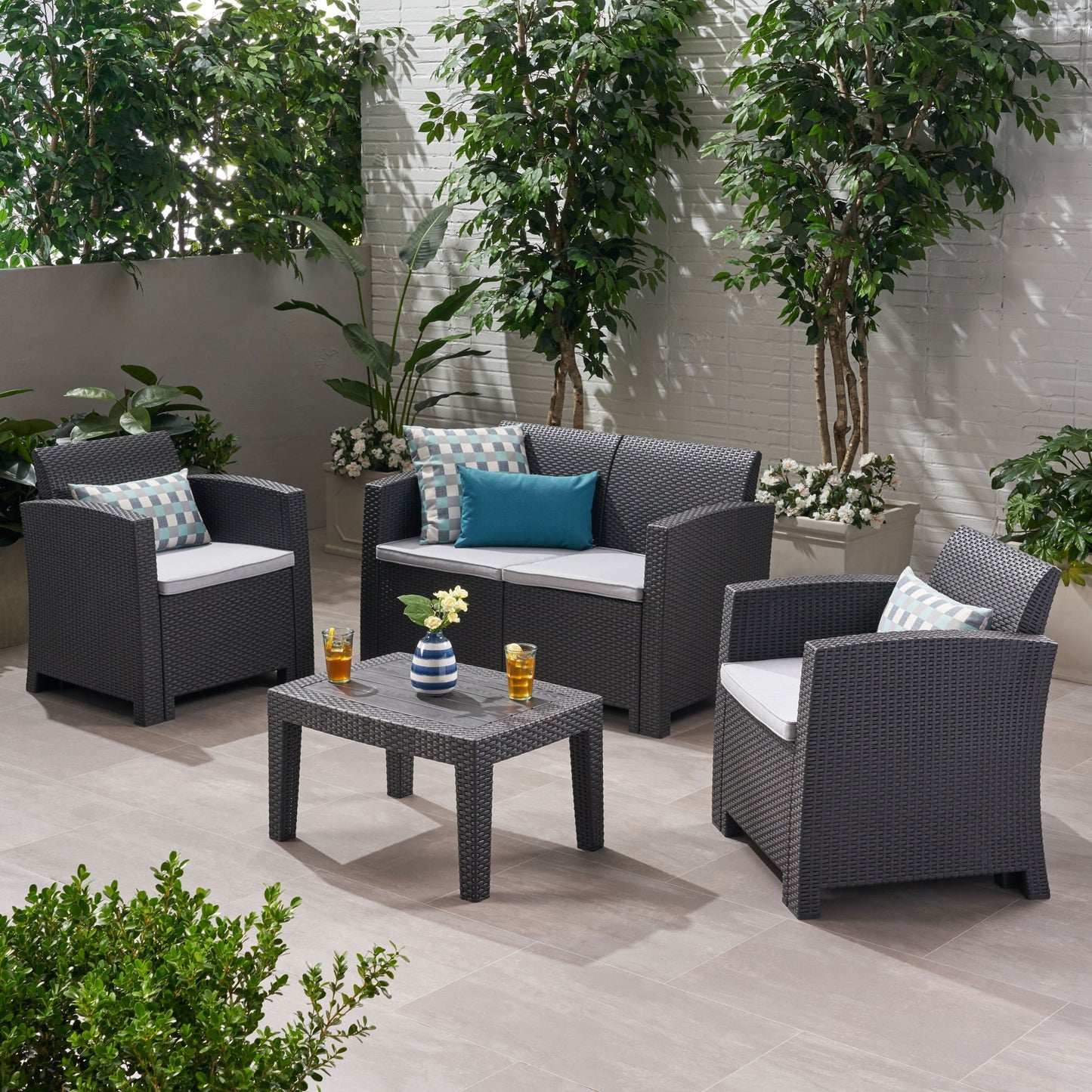 Zephyra - Outdoor 4 Piece Faux Wicker Rattan Chat Set With Water Resistant Cushions - Gray Noble House