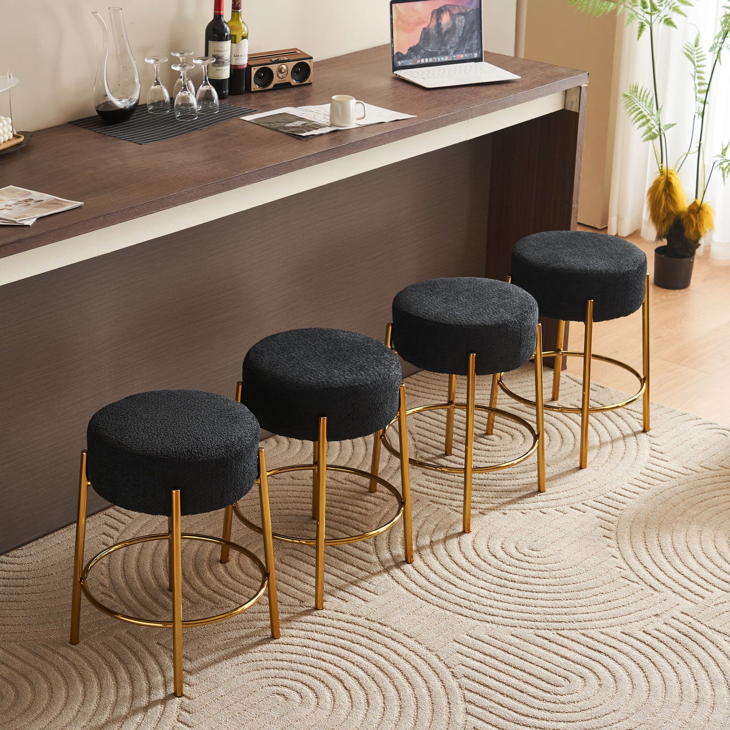 Round Bar Stools (Set of 2), Contemporary Upholstered Dining Stools For Kitchens, Coffee Shops And Bar Stores - Gold Legs Home Essentials