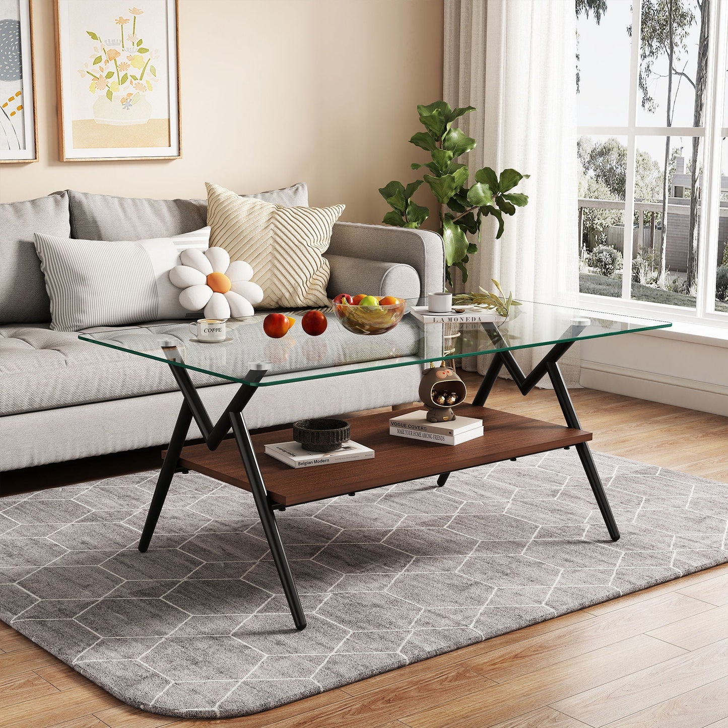 Rectangle Coffee Table With Tempered Glass Top And Shelf, Modern Table For Living Room Home Essentials