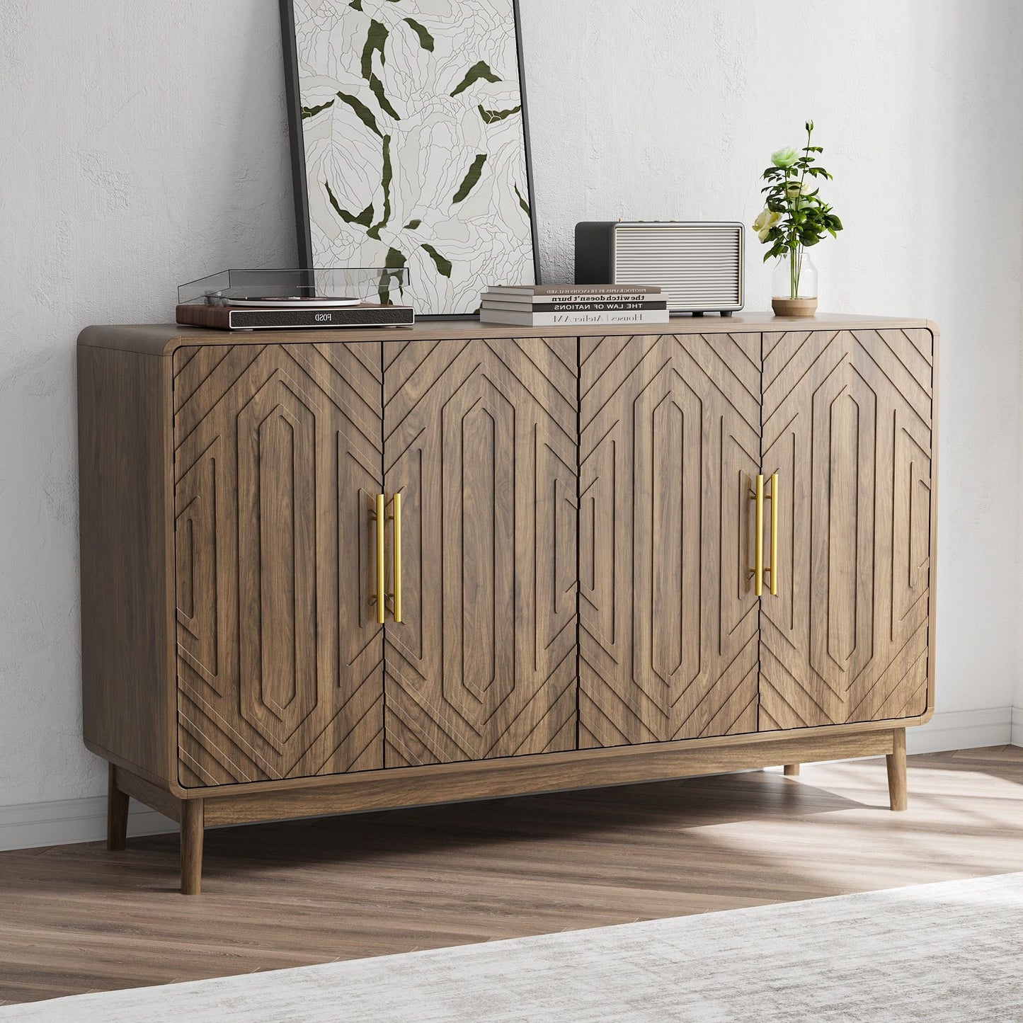 Sideboard Buffet Cabinet With Carved Doors And Adjustable Layer Board Home Essentials