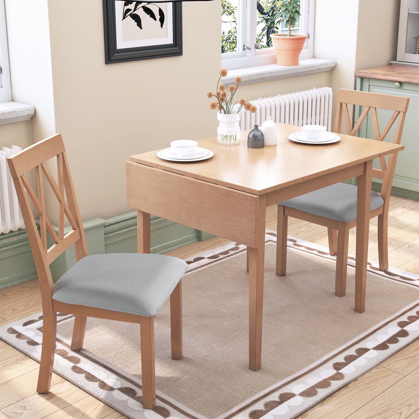3 Piece Kitchen Dining Set With Drop Leaf Dining Table And 2 Dining Upholstered Chairs, Dining Room Set For Small Places Hearth and Haven