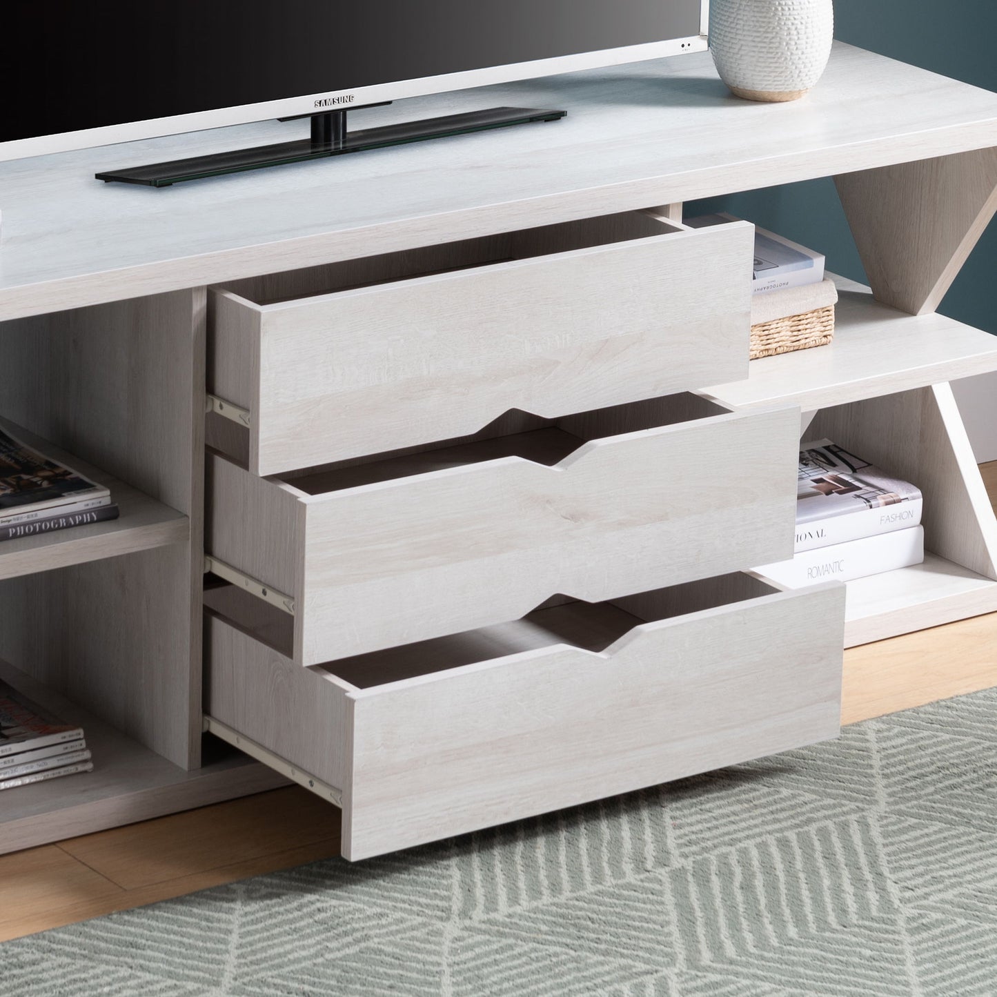 Modern TV Stand With Four Open Shelves And Three Storage Drawers - White Oak Home Essentials