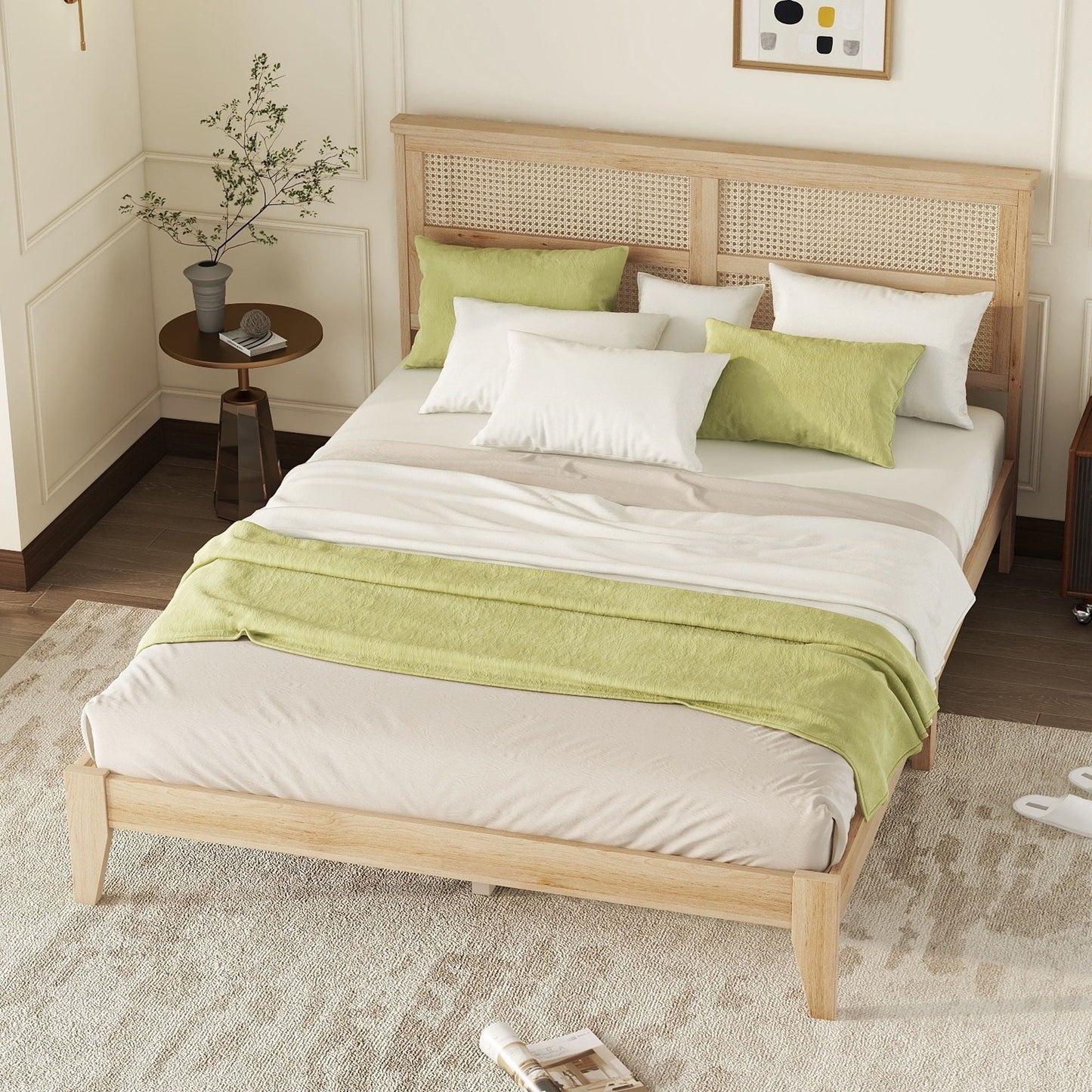 Queen Size Rubber Wooden, Solid Wooden Bed With Rattan Headboard, Enhanced By Support Feet - Natural Home Essentials