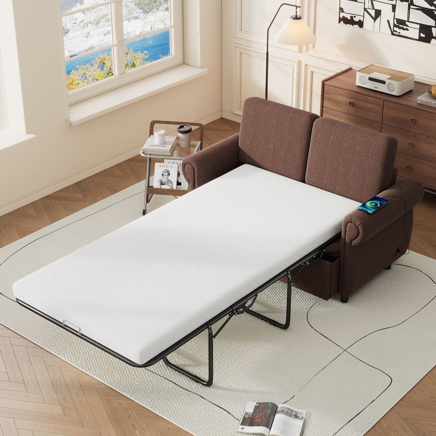 Pull Out Sofa Bed Loveseat Sleeper With Twin Size Memory Mattress With Two USB Ports For Living Room Spaces Hearth and Haven