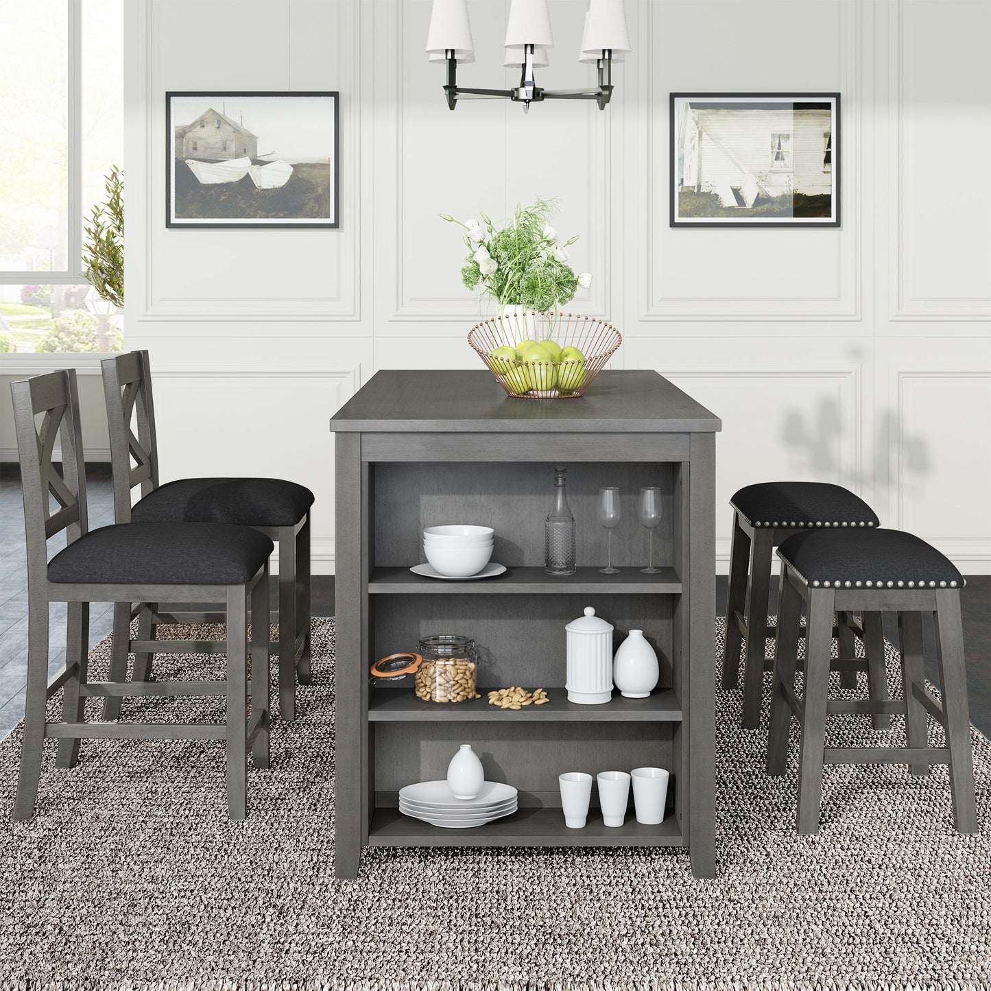 5 Pieces Counter Height Rustic Farmhouse Dining Room Wooden Bar Table Set With 2 Stools And 2 Chairs Hearth and Haven