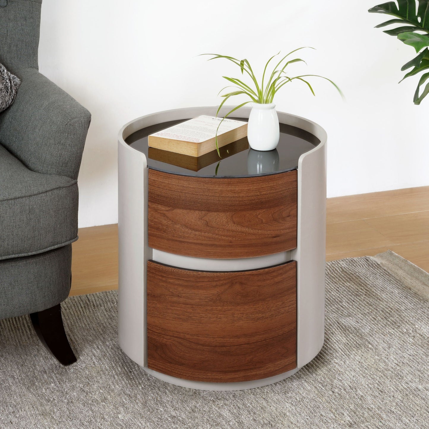 Italian Retro Double Storage Round Side Table - Gray Brown Noble House