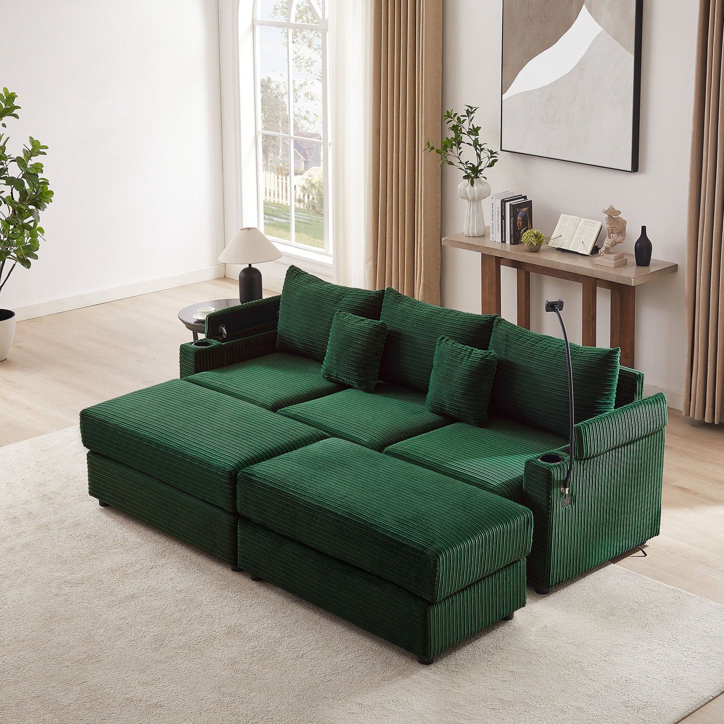 Modern Style Loveseat Sofa Sectional Sofa Couch With Storage Space, A Movable Ottoman, Two USB Ports, Two Cup Holders, A Phone Holder For Living Room Hearth and Haven