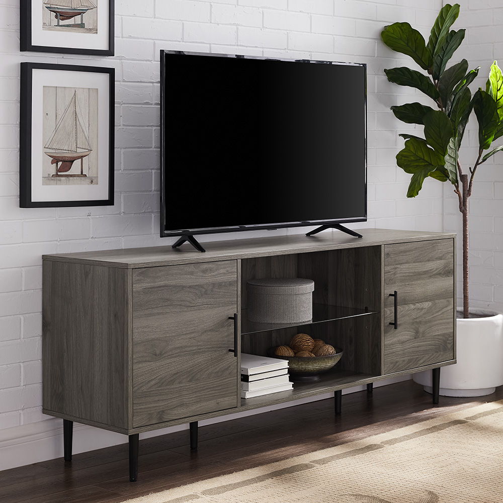 Mid-Century Modern 2 Door TV Stand With Glass Shelf Walker Edison