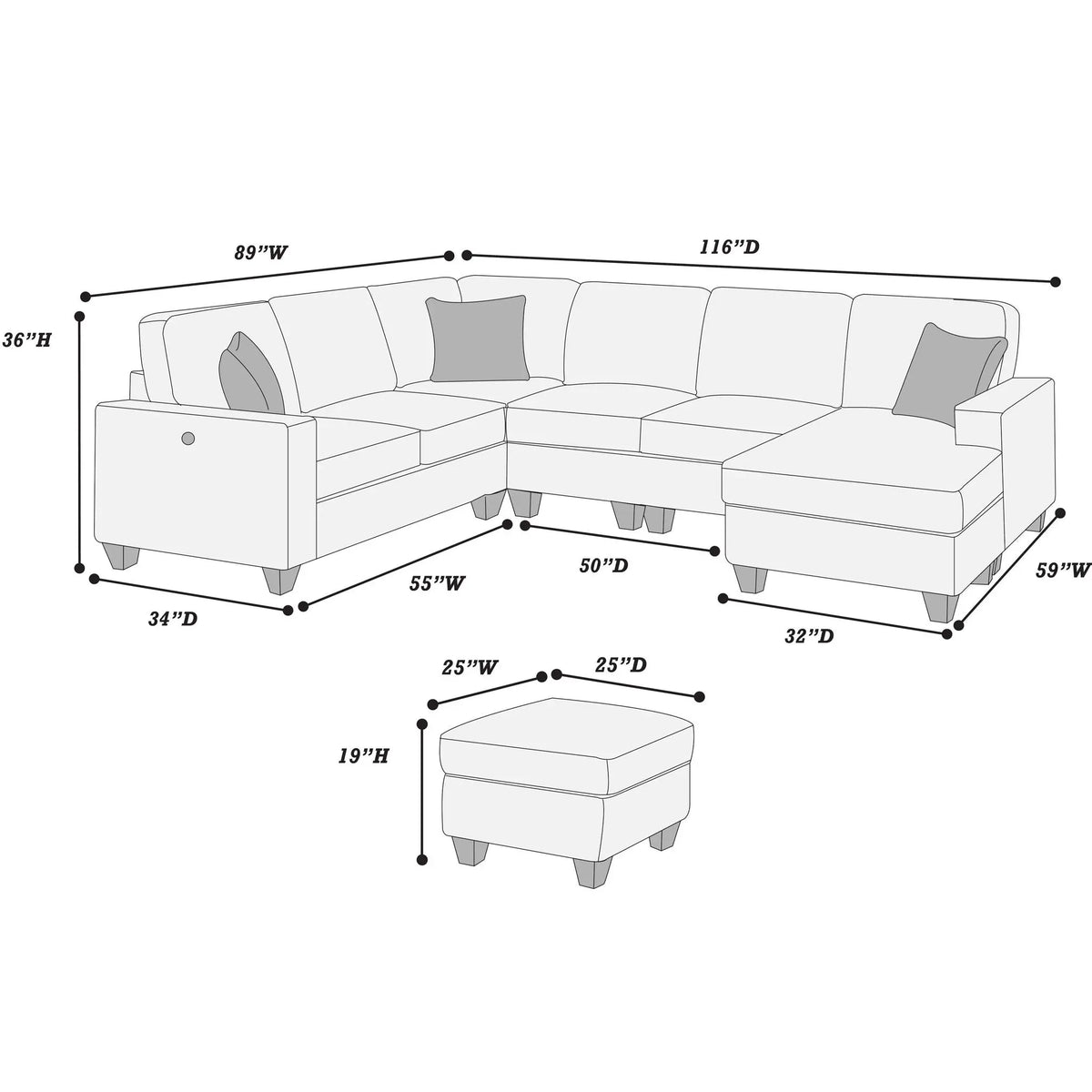 5 Piece Sectional Set With USB Port Left Arm Loveseat Chaise Right Arm Loveseat Corner Wedge Armless Chair Ottoman Upholstered - Black / Slate Home Essentials
