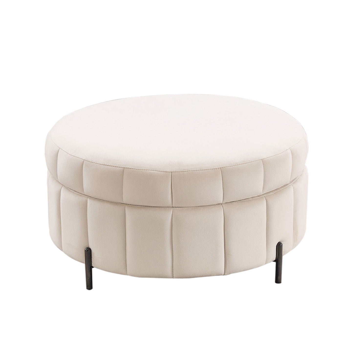 Upholstered Round Ottoman With Reversible Lid, Channel Tufted Pumpkin Shape Home Essentials
