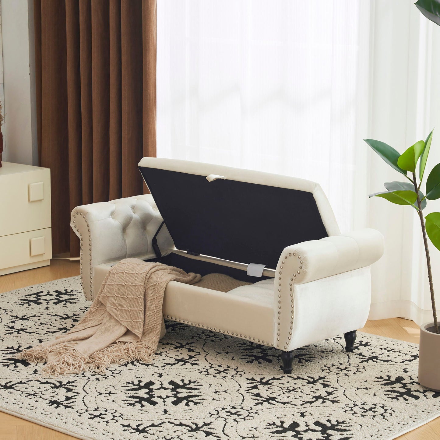 Luxurious Velvet Multifunctional Storage Ottoman Bench With Pillow Noble House