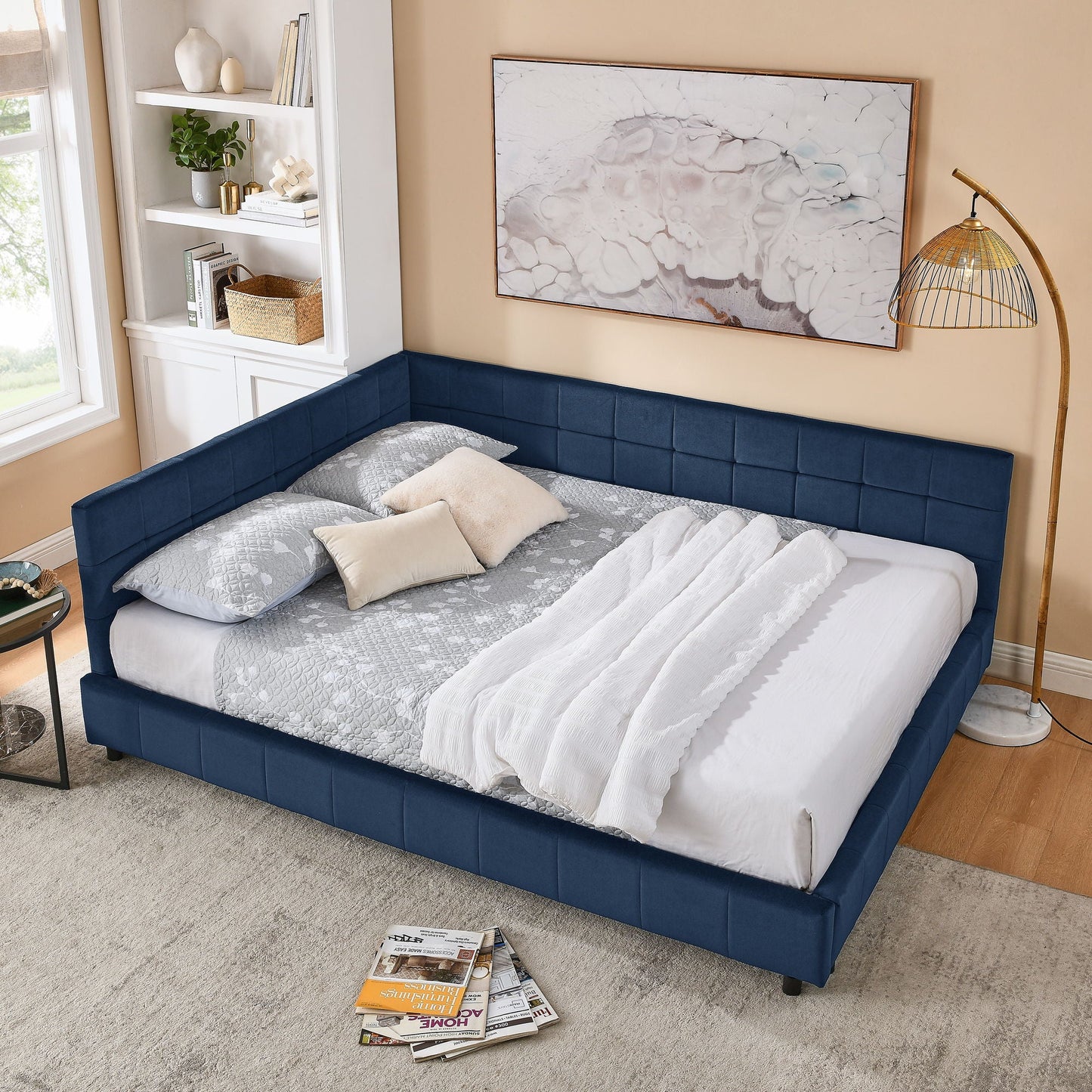 Mid-Century Storage Upholstered Tufted Bed Frame With Backrest And Armrests Home Essentials