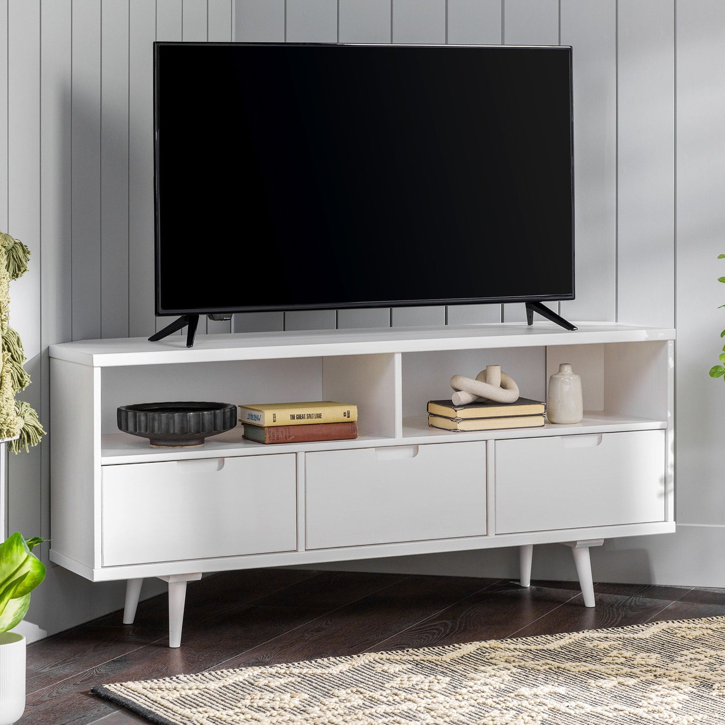 Mid-Century Modern Minimalist 3 Drawer Corner TV Stand For TVs Up To 58 Walker Edison