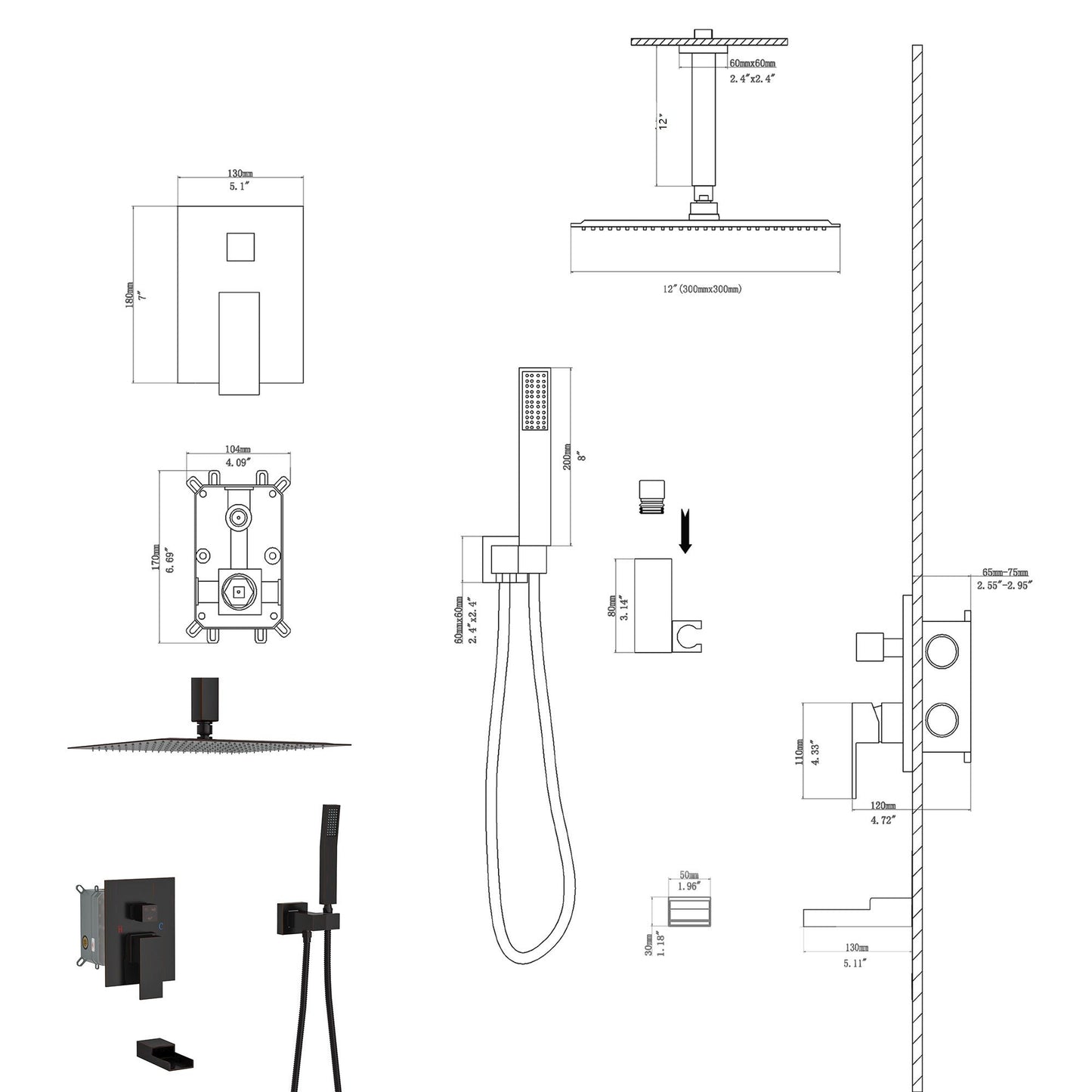 Modern Shower System With Waterfall Tub Spout, 12" Ceiling Mount Square Shower Daily Nest