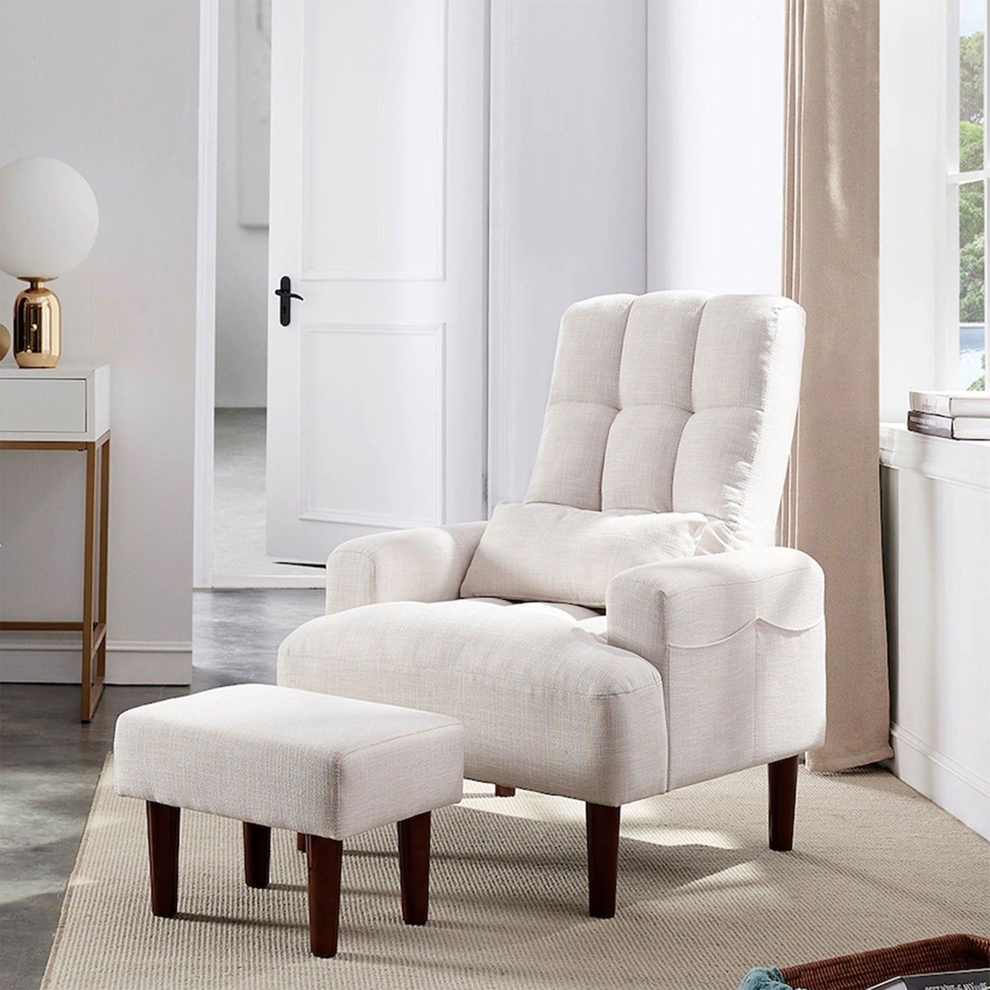 Living Room Sofa Single Chair And Ottoman, Modern Multi-Function Fabric Living Room Sofa Lounge Chair Bed And Stool. Soft Leisure Single Chair Adjustable Into 5 Angles With Sofa Bed Home Essentials