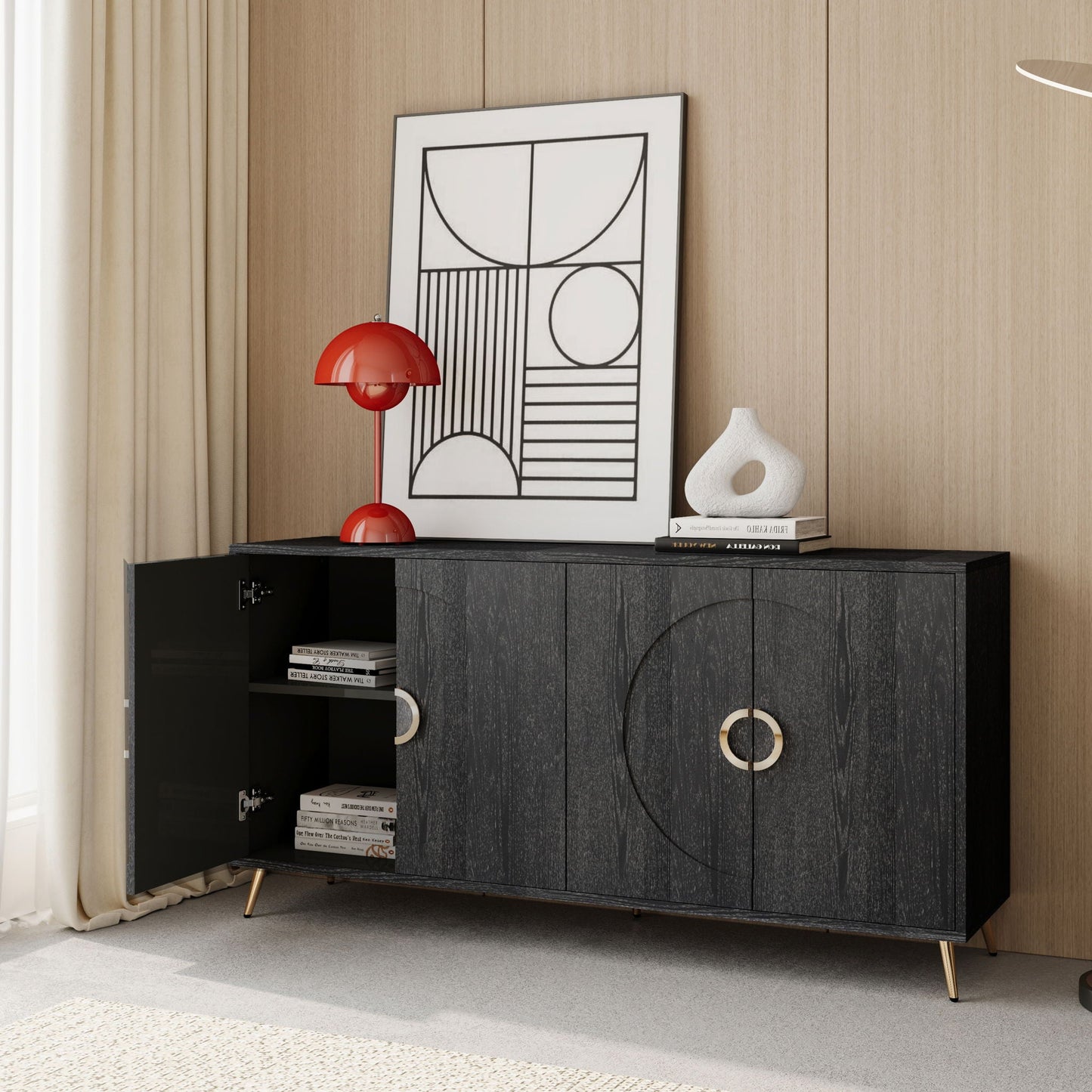 Modern Lacquered 4 Door Wooden Cabinet Sideboard Buffet Server Cabinet Storage Cabinet, For Living Room, Entryway, Hallway, Office, Kitchen And Dining Room Home Essentials