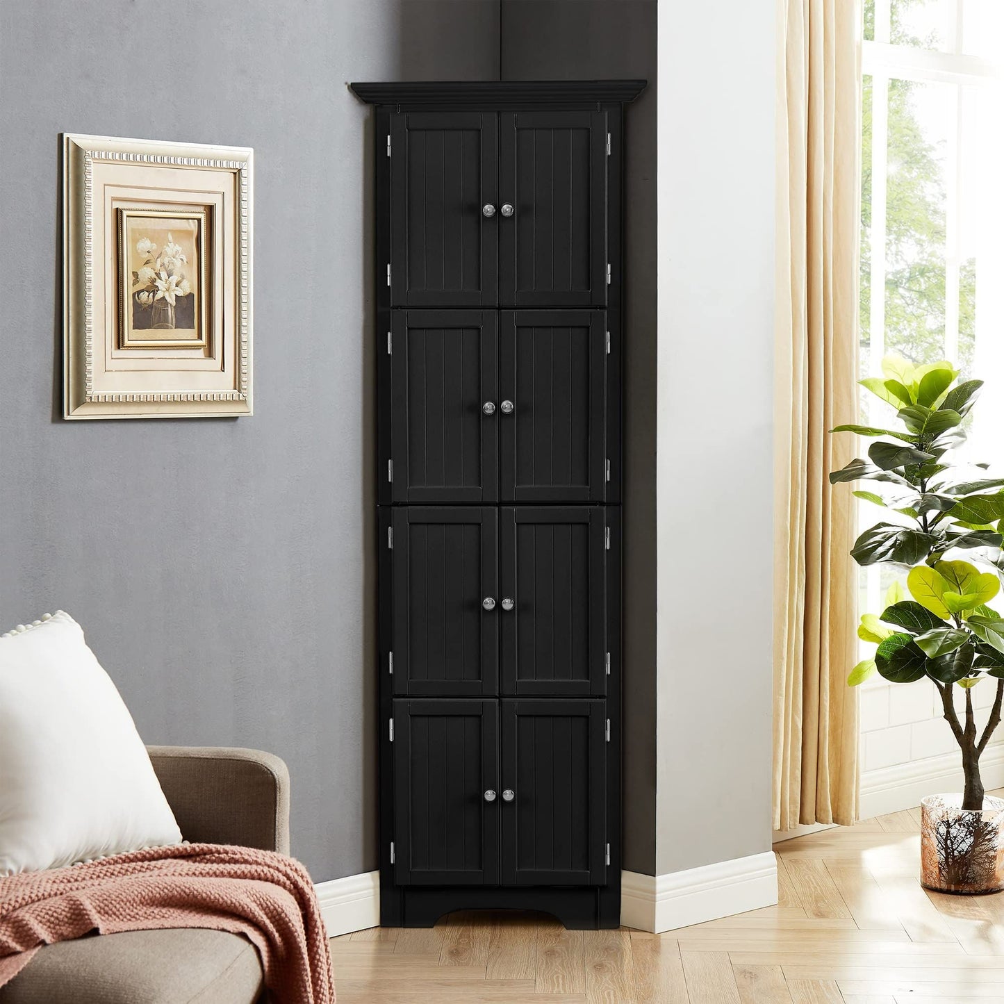 Tall Storage Cabinet With Doors And 4 Shelves For Living Room, Kitchen, Office, Bedroom, Bathroom, Modern Home Essentials